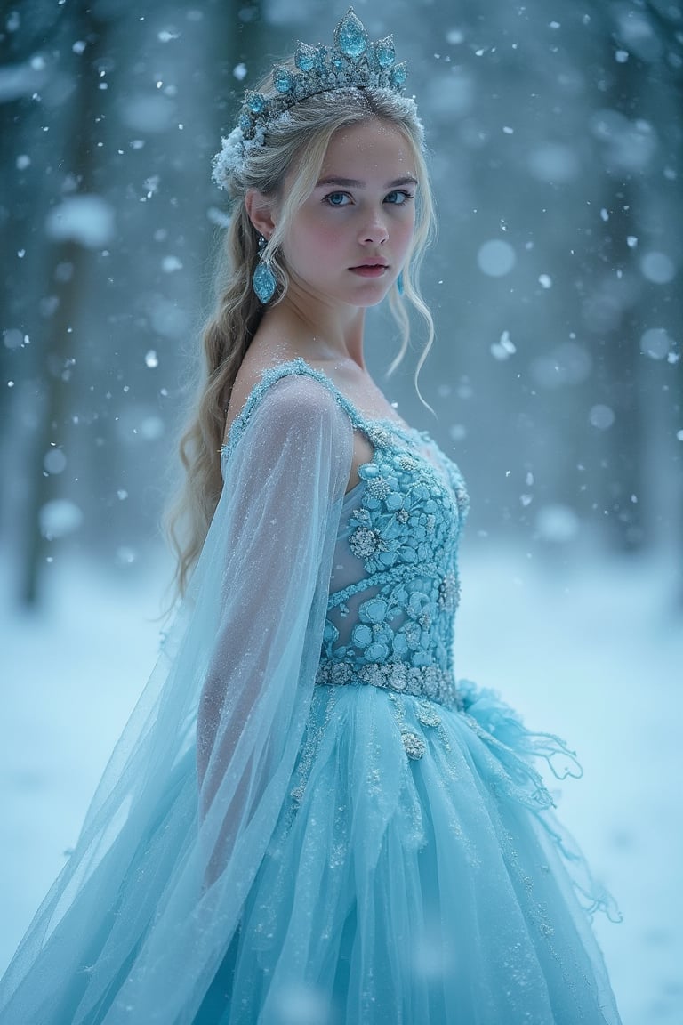 An epic photograph of a girl wearing a stunning ice-themed dress, standing gracefully amidst a heavy snowstorm. The dress appears to be crafted from shimmering ice crystals, glistening as the snowflakes dance around her. Her hair is lightly dusted with snow, and her expression is one of serene strength, embodying the beauty and power of winter. The swirling snow creates a dramatic backdrop, enhancing the ethereal quality of the scene. Soft light filters through the snowfall, illuminating her figure and adding a magical glow to the icy details of her attire. This image captures the essence of winter's majesty and the elegance of nature, evoking feelings of wonder and awe in the face of an epic snowstorm