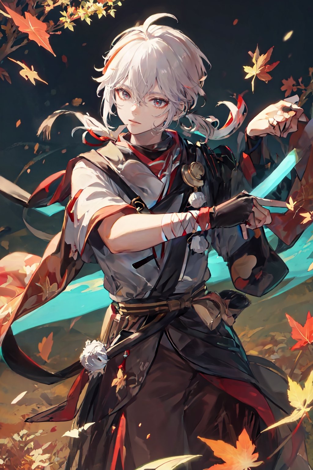 1boy, Kazuha, maple_leaves, fall_leaves, autumn,Wear a sword