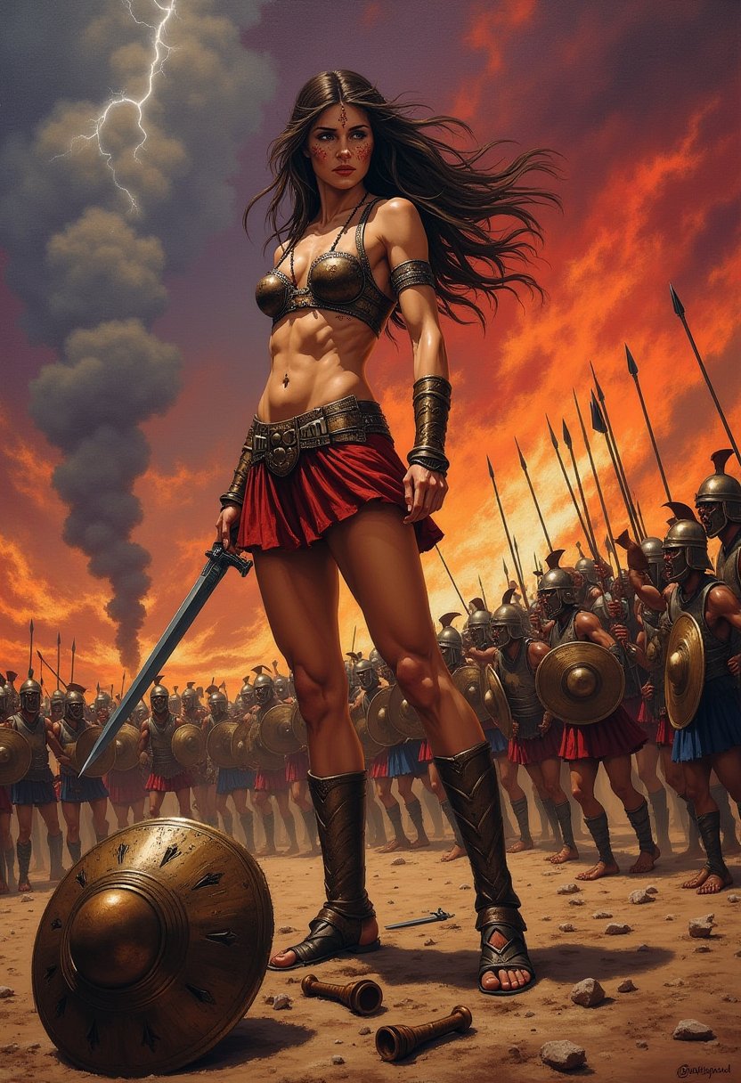 Oil painting in the dramatic style of Frank Frazetta. A super sexy warrior queen, reminiscent of a female Leonidas at Thermopylae, dominates the foreground. Her athletic figure is accentuated by minimalistic, battle-worn armor that reveals her toned physique.
The queen stands in a dynamic battle stance, muscles tensed, wielding a bloodied sword in one hand. Her long, wild hair whips in the wind, framing a face that combines fierce determination with alluring beauty. A broken spear lies at her feet, testament to the ferocity of the battle.
Behind her, a Greek phalanx pushes forward against an unseen enemy, their bronze shields and spears creating a sea of metal. The queen stands slightly apart, clearly the leader and focal point of the composition.
The sky is a tempest of angry reds and deep purples, with flashes of lightning illuminating the roiling clouds. In the distance, fires rage, sending plumes of smoke into the turbulent sky and casting an otherworldly glow across the battlefield.
A discarded shield lies in the foreground, its polished surface reflecting the chaotic sky and adding depth to the scene. The ground is littered with the detritus of battle: broken weapons, fallen helmets, and the occasional fallen warrior.
The overall palette is rich with warm tones - deep reds, burnished golds, and earthy browns - contrasting sharply with the cool blues and greys of steel and storm. The brushwork is bold and expressive, with particular attention paid to the play of light on skin and metal.
This painting captures a moment of high drama, blending historical epic with fantasy elements in true Frazetta style. The composition draws the eye to the warrior queen, making her the undeniable hero of this savage and sensual battle scene.