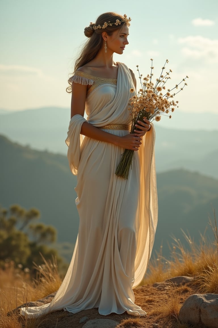 Create a high-quality image, extreme detail, intricate detail, depth of field, ultra definition, extreme realism, real life, realistic image, high-quality lighting, 16k UHD, Athena, the goddess of wisdom, in ancient greek dress, holding flowers, standing on a hilltop.