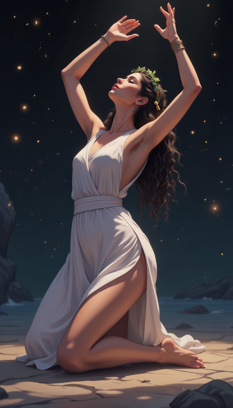 anime style, night light, buterfly glowing,Full body shot of a Greek woman dancing, Kneeling position, arms raised in offering, face upturned towards the sky, dress pooled around legs, white chiton dress flaring out in a perfect circle, one foot pointed, head tilted back, olive skin, long dark curly hair with gold ribbons, laurel wreath crown