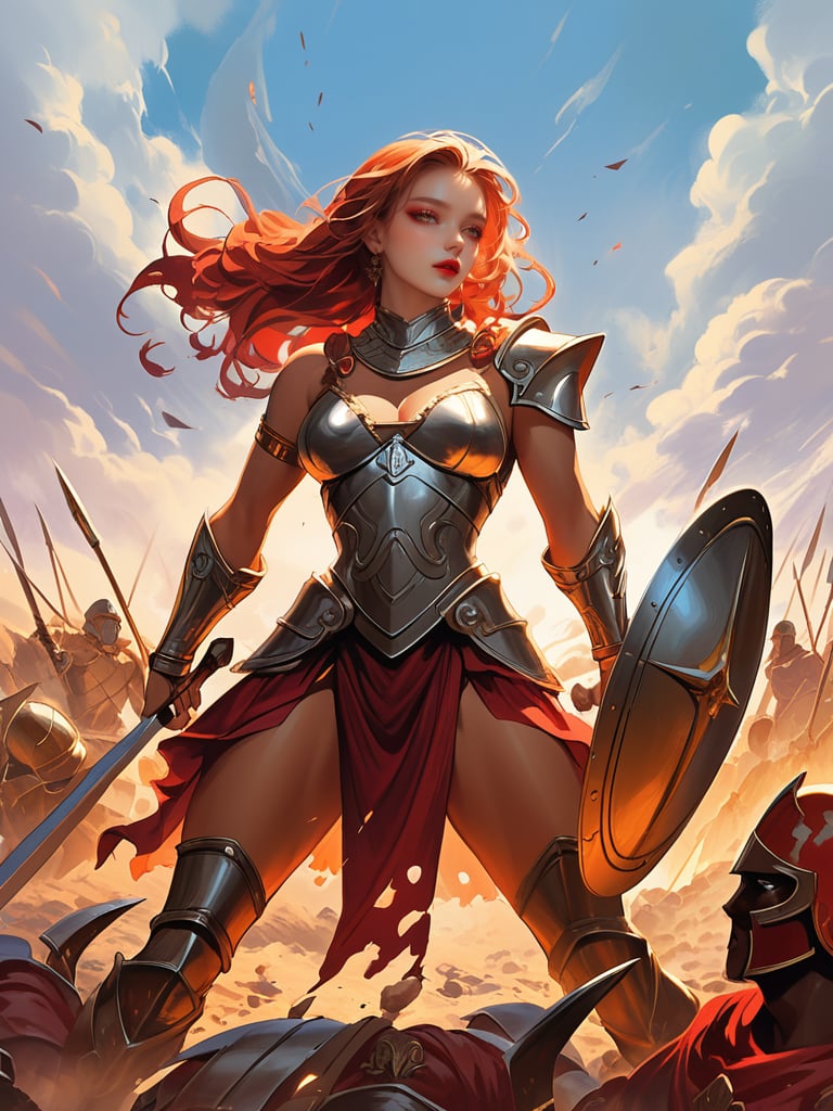 Oil painting in the dramatic style of Frank Frazetta. A super sexy warrior queen, reminiscent of a female Leonidas at Thermopylae, dominates the foreground. Her athletic figure is accentuated by minimalistic, battle-worn armor that reveals her toned physique.
The queen stands in a dynamic battle stance, muscles tensed, wielding a bloodied sword in one hand. Her long, wild hair whips in the wind, framing a face that combines fierce determination with alluring beauty. A broken spear lies at her feet, testament to the ferocity of the battle.
Behind her, a Greek phalanx pushes forward against an unseen enemy, their bronze shields and spears creating a sea of metal. The queen stands slightly apart, clearly the leader and focal point of the composition.
The sky is a tempest of angry reds and deep purples, with flashes of lightning illuminating the roiling clouds. In the distance, fires rage, sending plumes of smoke into the turbulent sky and casting an otherworldly glow across the battlefield.
A discarded shield lies in the foreground, its polished surface reflecting the chaotic sky and adding depth to the scene. The ground is littered with the detritus of battle: broken weapons, fallen helmets, and the occasional fallen warrior.
The overall palette is rich with warm tones - deep reds, burnished golds, and earthy browns - contrasting sharply with the cool blues and greys of steel and storm. The brushwork is bold and expressive, with particular attention paid to the play of light on skin and metal.
This painting captures a moment of high drama, blending historical epic with fantasy elements in true Frazetta style. The composition draws the eye to the warrior queen, making her the undeniable hero of this savage and sensual battle scene.