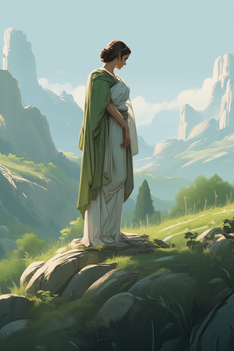 Create a high-quality image, extreme detail, intricate detail, depth of field, ultra definition, extreme realism, real life, realistic image, high-quality lighting, 16k UHD, Athena, the goddess of wisdom, in ancient greek dress,  standing on a hilltop.