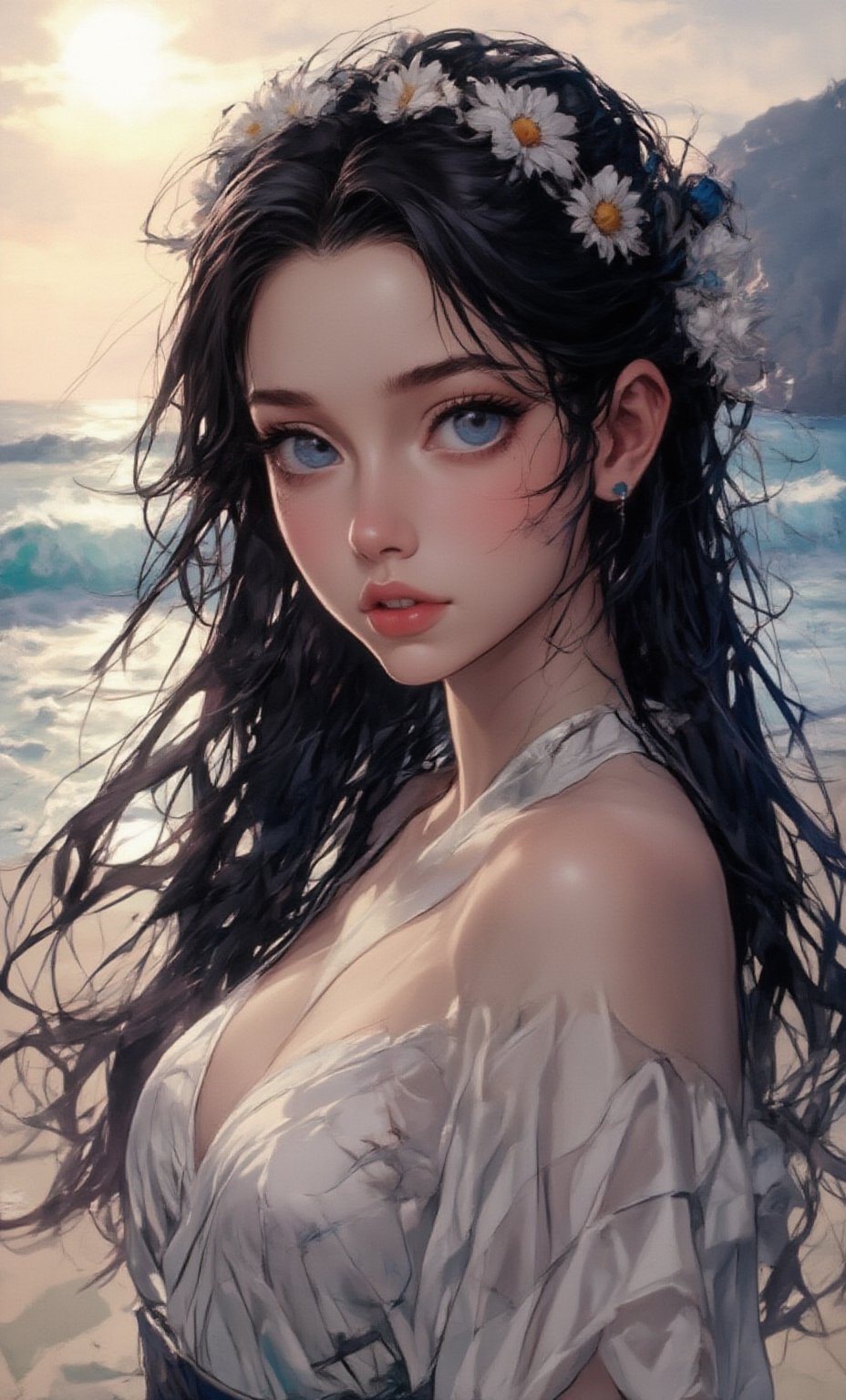 A serene woman with deep blue eyes and long, flowing hair decorated with a crown of daisies. She is dressed in a simple, white cotton dress. The background shows a blurred beach scene with gentle waves and a golden sunset.,Shinobu_RT_flux