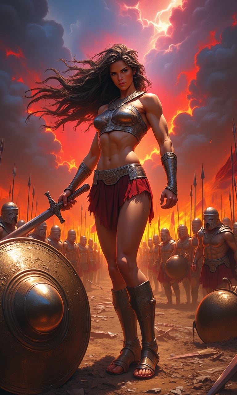 Oil painting in the dramatic style of Frank Frazetta. A super sexy warrior queen, reminiscent of a female Leonidas at Thermopylae, dominates the foreground. Her athletic figure is accentuated by minimalistic, battle-worn armor that reveals her toned physique.
The queen stands in a dynamic battle stance, muscles tensed, wielding a bloodied sword in one hand. Her long, wild hair whips in the wind, framing a face that combines fierce determination with alluring beauty. A broken spear lies at her feet, testament to the ferocity of the battle.
Behind her, a Greek phalanx pushes forward against an unseen enemy, their bronze shields and spears creating a sea of metal. The queen stands slightly apart, clearly the leader and focal point of the composition.
The sky is a tempest of angry reds and deep purples, with flashes of lightning illuminating the roiling clouds. In the distance, fires rage, sending plumes of smoke into the turbulent sky and casting an otherworldly glow across the battlefield.
A discarded shield lies in the foreground, its polished surface reflecting the chaotic sky and adding depth to the scene. The ground is littered with the detritus of battle: broken weapons, fallen helmets, and the occasional fallen warrior.
The overall palette is rich with warm tones - deep reds, burnished golds, and earthy browns - contrasting sharply with the cool blues and greys of steel and storm. The brushwork is bold and expressive, with particular attention paid to the play of light on skin and metal.
This painting captures a moment of high drama, blending historical epic with fantasy elements in true Frazetta style. The composition draws the eye to the warrior queen, making her the undeniable hero of this savage and sensual battle scene.