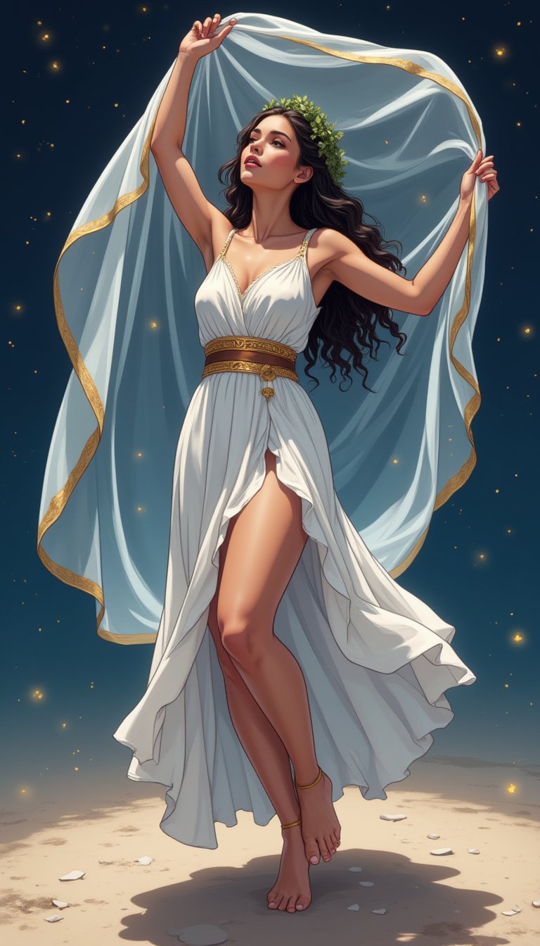 anime style, night light, buterfly glowing,Full body shot of a Greek woman dancing, Holding a sheer veil, arms creating a crescent shape above head, body curved to one side, veil floating on the breeze, dress pooled around legs, white chiton dress flaring out in a perfect circle, one foot pointed, head tilted back, olive skin, long dark curly hair with gold ribbons, laurel wreath crown