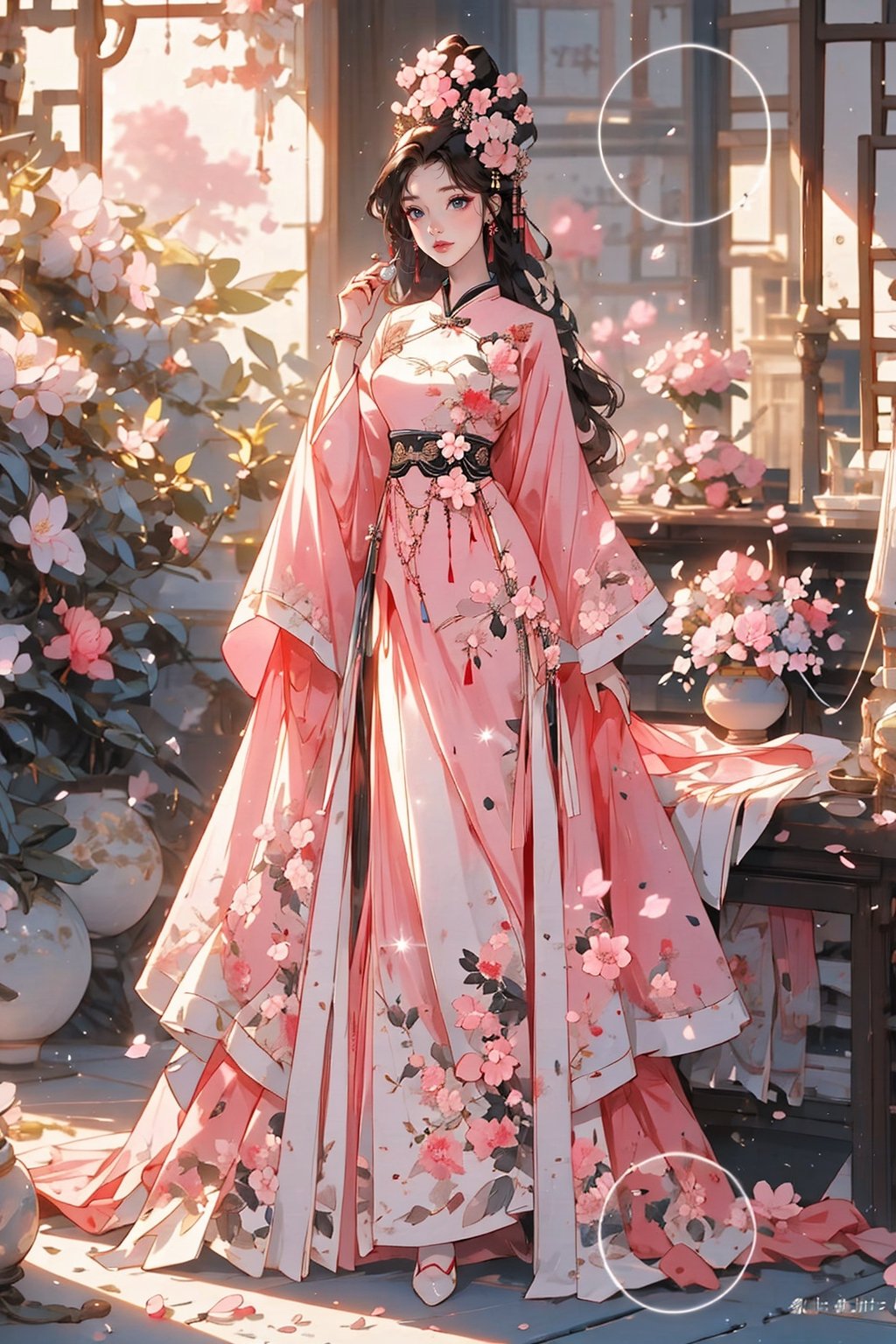 1girl, solo, long hair, black hair, hair ornament, long sleeves, dress, jewelry, standing, full body, flower, earrings, indoors, hand up, hair flower, wide sleeves, petals, window, sparkle, chinese clothes, pink dress, falling petals,ancient_beautiful,mecha