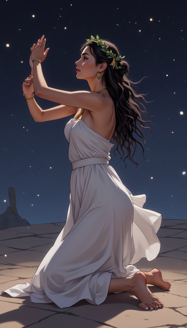 anime style, night light, buterfly glowing,Full body shot of a Greek woman dancing, Kneeling position, arms raised in offering, face upturned towards the sky, dress pooled around legs, white chiton dress flaring out in a perfect circle, one foot pointed, head tilted back, olive skin, long dark curly hair with gold ribbons, laurel wreath crown