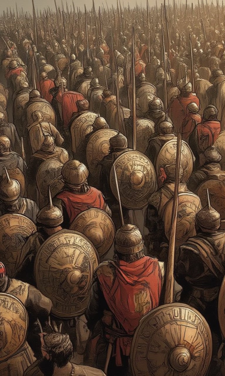 Large circular aspis shields, painted with various city-state emblems, are held at the ready, creating a moving wall of polished bronze. Long dory spears rest on right shoulders, points glinting in the sunlight. The simultaneous movement of thousands of spears creates a hypnotic, wave-like effect