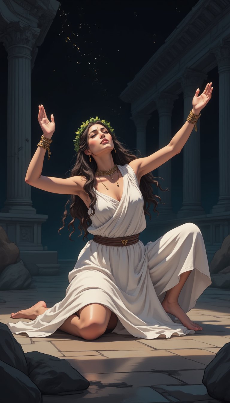 anime style, night light, buterfly glowing,Full body shot of a Greek woman dancing, Kneeling position, arms raised in offering, face upturned towards the sky, dress pooled around legs, white chiton dress flaring out in a perfect circle, one foot pointed, head tilted back, olive skin, long dark curly hair with gold ribbons, laurel wreath crown