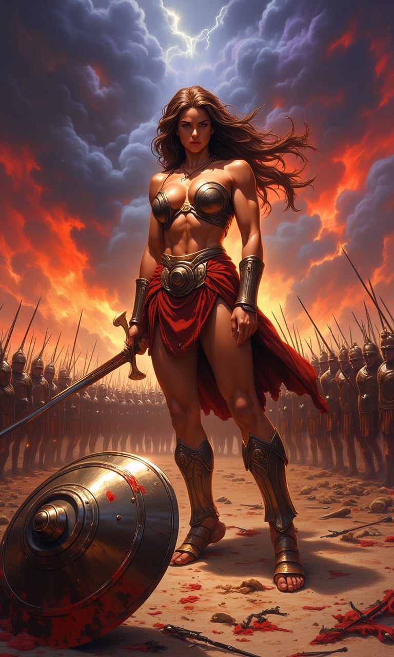 Oil painting in the dramatic style of Frank Frazetta. A super sexy warrior queen, reminiscent of a female Leonidas at Thermopylae, dominates the foreground. Her athletic figure is accentuated by minimalistic, battle-worn armor that reveals her toned physique.
The queen stands in a dynamic battle stance, muscles tensed, wielding a bloodied sword in one hand. Her long, wild hair whips in the wind, framing a face that combines fierce determination with alluring beauty. A broken spear lies at her feet, testament to the ferocity of the battle.
Behind her, a Greek phalanx pushes forward against an unseen enemy, their bronze shields and spears creating a sea of metal. The queen stands slightly apart, clearly the leader and focal point of the composition.
The sky is a tempest of angry reds and deep purples, with flashes of lightning illuminating the roiling clouds. In the distance, fires rage, sending plumes of smoke into the turbulent sky and casting an otherworldly glow across the battlefield.
A discarded shield lies in the foreground, its polished surface reflecting the chaotic sky and adding depth to the scene. The ground is littered with the detritus of battle: broken weapons, fallen helmets, and the occasional fallen warrior.
The overall palette is rich with warm tones - deep reds, burnished golds, and earthy browns - contrasting sharply with the cool blues and greys of steel and storm. The brushwork is bold and expressive, with particular attention paid to the play of light on skin and metal.
This painting captures a moment of high drama, blending historical epic with fantasy elements in true Frazetta style. The composition draws the eye to the warrior queen, making her the undeniable hero of this savage and sensual battle scene.