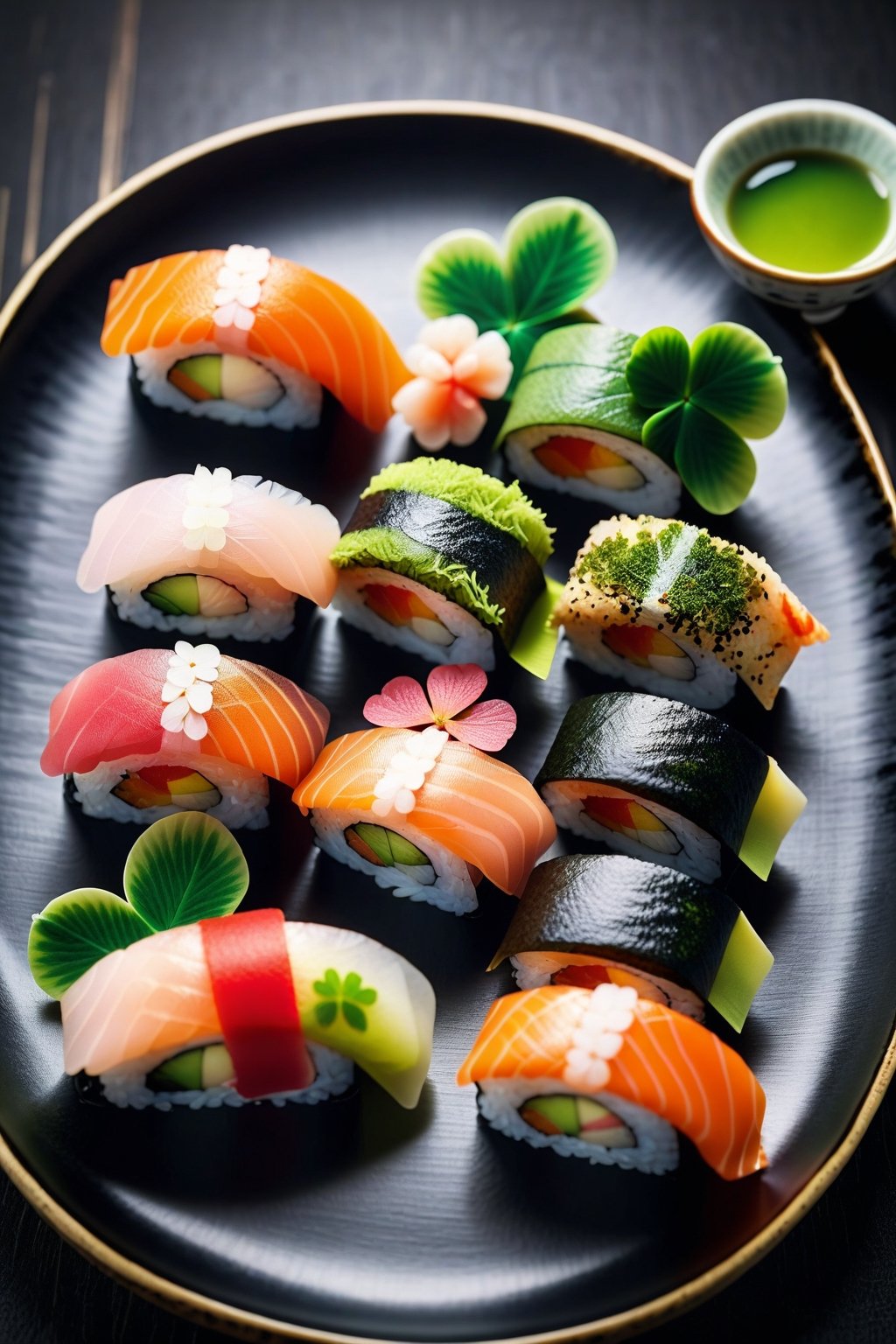 score_9, score_8_up, score_7_up, score_6_up, score_5_up, score_4_up, (Masterpiece, Best Quality:1.5), 
Advanced and gorgeous clover sushi cuisine and matcha,