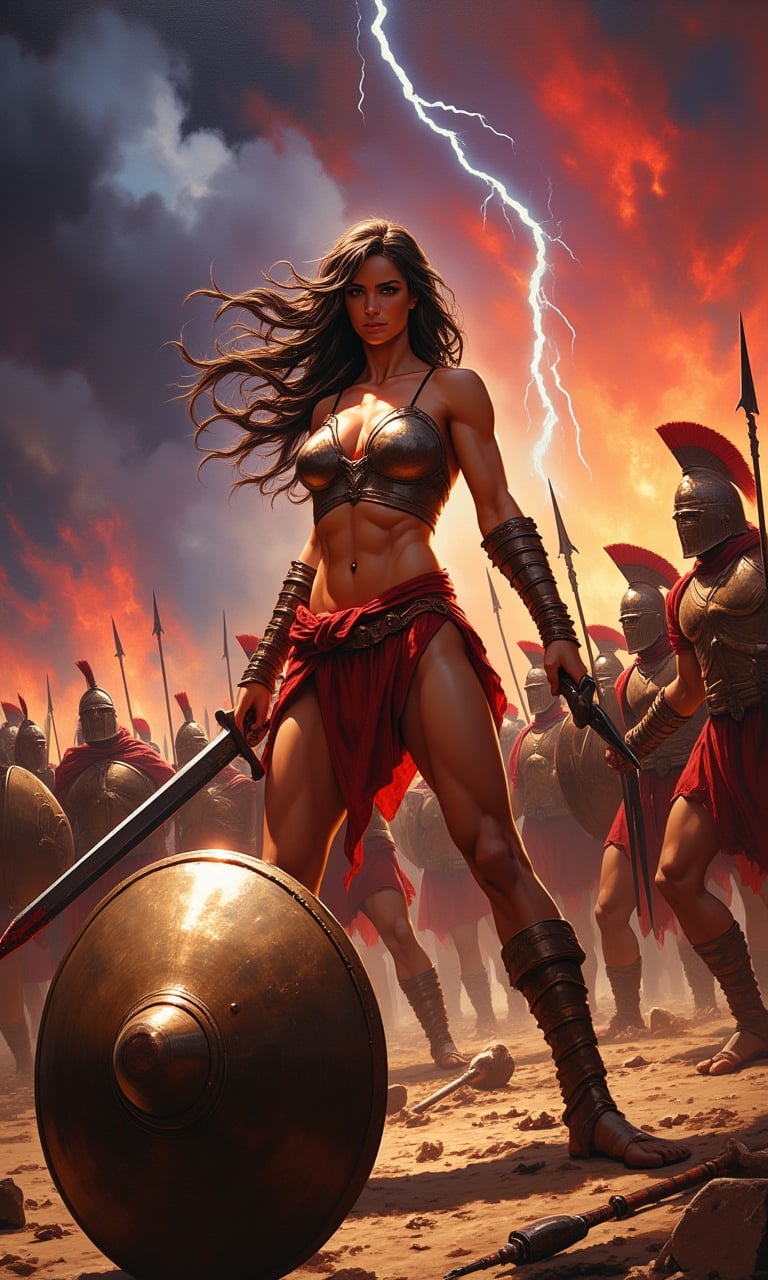 Oil painting in the dramatic style of Frank Frazetta. A super sexy warrior queen, reminiscent of a female Leonidas at Thermopylae, dominates the foreground. Her athletic figure is accentuated by minimalistic, battle-worn armor that reveals her toned physique.
The queen stands in a dynamic battle stance, muscles tensed, wielding a bloodied sword in one hand. Her long, wild hair whips in the wind, framing a face that combines fierce determination with alluring beauty. A broken spear lies at her feet, testament to the ferocity of the battle.
Behind her, a Greek phalanx pushes forward against an unseen enemy, their bronze shields and spears creating a sea of metal. The queen stands slightly apart, clearly the leader and focal point of the composition.
The sky is a tempest of angry reds and deep purples, with flashes of lightning illuminating the roiling clouds. In the distance, fires rage, sending plumes of smoke into the turbulent sky and casting an otherworldly glow across the battlefield.
A discarded shield lies in the foreground, its polished surface reflecting the chaotic sky and adding depth to the scene. The ground is littered with the detritus of battle: broken weapons, fallen helmets, and the occasional fallen warrior.
The overall palette is rich with warm tones - deep reds, burnished golds, and earthy browns - contrasting sharply with the cool blues and greys of steel and storm. The brushwork is bold and expressive, with particular attention paid to the play of light on skin and metal.
This painting captures a moment of high drama, blending historical epic with fantasy elements in true Frazetta style. The composition draws the eye to the warrior queen, making her the undeniable hero of this savage and sensual battle scene.