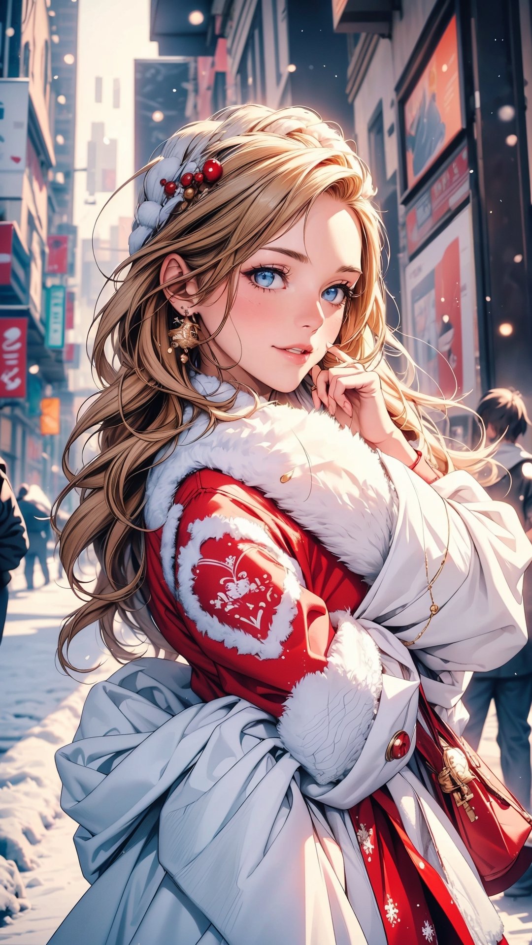"Cute girl Santa Claus, (accurate anatomy body and hands: 1.2), beautiful face, detailed face, red shoes, illustration, super detailed, high quality (best quality, 4K, 8K, high resolution, Masterpiece: 1.2), Photography of people, Bright colors, Warm tones, Realism (Photorealistic: 1.37), Festival atmosphere, Jingle bells, Snow, Cozy winter scene, Joyful expression, Playful Attitude, winter wonderland, soft lighting, dreamy atmosphere"