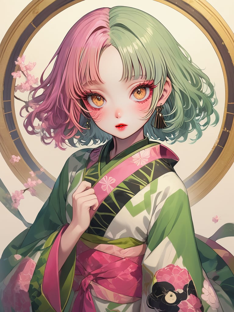 1girl, full body,Mitsuri ( Demon Slayer ),pink and green hair, stunningly beautiful girl, gorgeous girl, 20yo, over sized eyes, big eyes, smiling, looking at viewer, very beautiful,