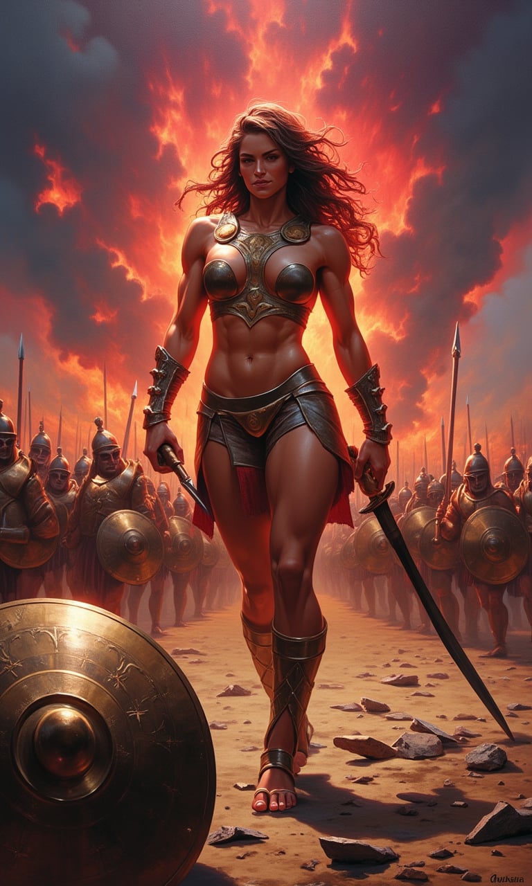 Oil painting in the dramatic style of Frank Frazetta. A super sexy warrior queen, reminiscent of a female Leonidas at Thermopylae, dominates the foreground. Her athletic figure is accentuated by minimalistic, battle-worn armor that reveals her toned physique.
The queen stands in a dynamic battle stance, muscles tensed, wielding a bloodied sword in one hand. Her long, wild hair whips in the wind, framing a face that combines fierce determination with alluring beauty. A broken spear lies at her feet, testament to the ferocity of the battle.
Behind her, a Greek phalanx pushes forward against an unseen enemy, their bronze shields and spears creating a sea of metal. The queen stands slightly apart, clearly the leader and focal point of the composition.
The sky is a tempest of angry reds and deep purples, with flashes of lightning illuminating the roiling clouds. In the distance, fires rage, sending plumes of smoke into the turbulent sky and casting an otherworldly glow across the battlefield.
A discarded shield lies in the foreground, its polished surface reflecting the chaotic sky and adding depth to the scene. The ground is littered with the detritus of battle: broken weapons, fallen helmets, and the occasional fallen warrior.
The overall palette is rich with warm tones - deep reds, burnished golds, and earthy browns - contrasting sharply with the cool blues and greys of steel and storm. The brushwork is bold and expressive, with particular attention paid to the play of light on skin and metal.
This painting captures a moment of high drama, blending historical epic with fantasy elements in true Frazetta style. The composition draws the eye to the warrior queen, making her the undeniable hero of this savage and sensual battle scene.