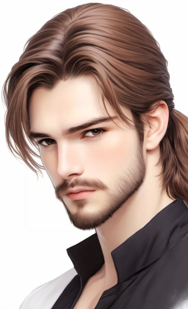solo, long hair, simple background, brown hair, 1boy, white background, upper body, ponytail, male focus, facial hair, beard