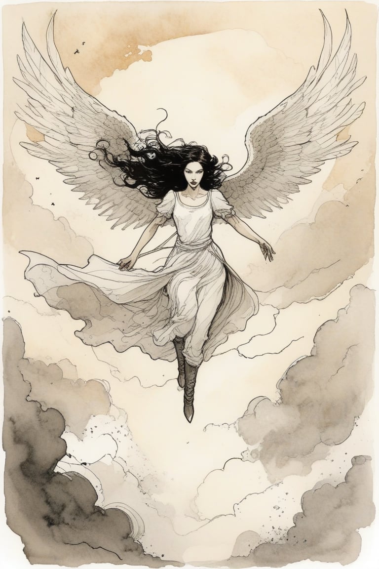 concept art, abstract art, modern art, fine line ink drawing, an image of an angel flying in the sky, female vampire warrior, fantasy card game art, (by abigail larson, Ralph Steadman, (Bastien Lecouffe Deharme:1.2):1.05), film photography, light leaks,