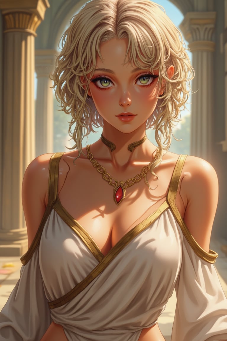 (Portrait of a beautiful woman wearing white ancient greek dress), (short blonde curly-hair:1.2), green eyes, perfect anatomy, perfect face, looks at the camera, golden earings, golden necklace, hyper-detailed, intricately detailed, perfect lighting, (complex-background, greek mythology), ancient greece theme, volumetric, vibrant, sunlight, sexy pose, full body