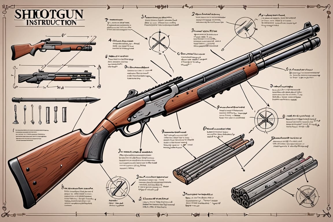 board with a detailed assembly instruction of a shotgun, written descriptions, arrows and sketches