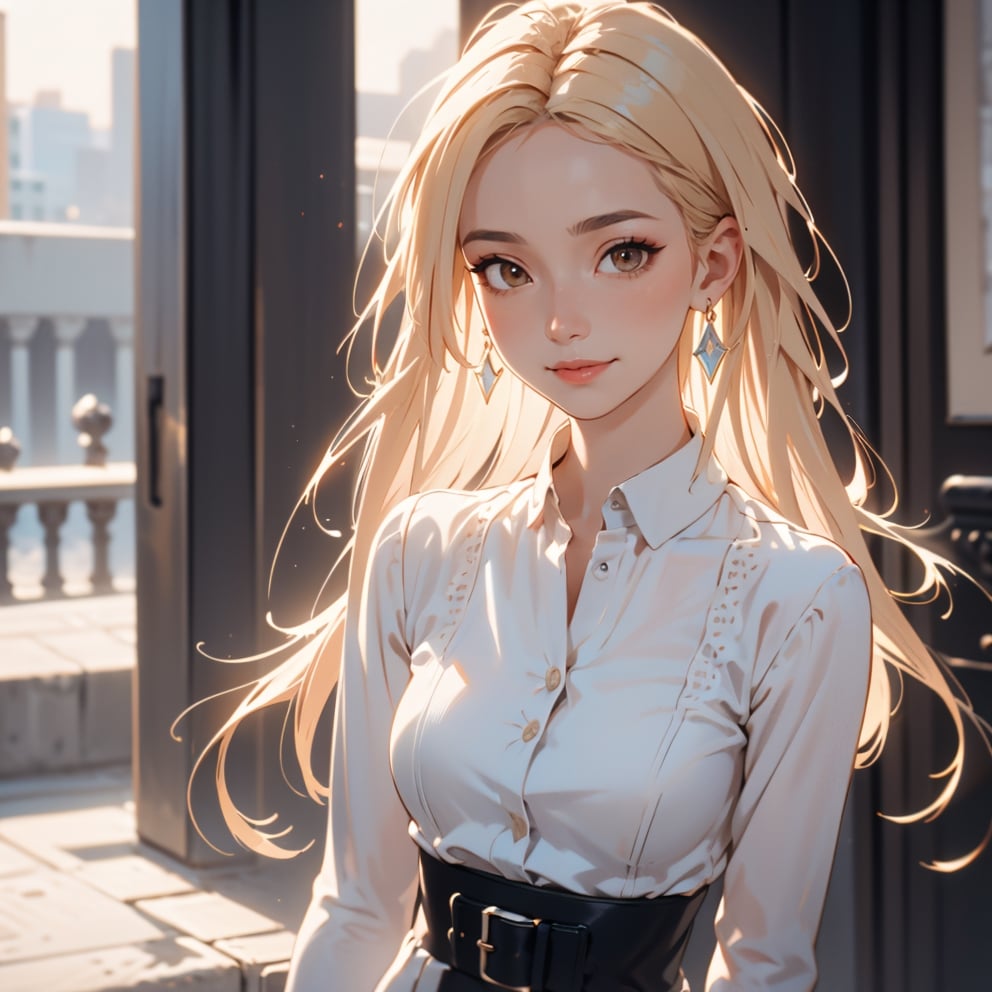 (Highest Quality), (Realistic, Realistic:1.1), Highest Quality, Masterpiece, Beautiful and Aesthetic, 16K, High Contrast, (Vivid Colors:1.3), Exquisite Details and Textures, Cinematic Shots, Warm Tone, (Bright, Intense), Highly realistic illustration background, black long hair, brown eyes, beautiful Korean girl, pale skin, small earrings, detailed character design style, digital airbrushing, 8k resolution, glowing colors Ultra HD, detailed painting, wide smiling face, Sparkly, cute and adorable, surreal, breathtaking beauty, pure perfection, divine, unforgettable, impressive, front view, skirt, shirt,masterpiece