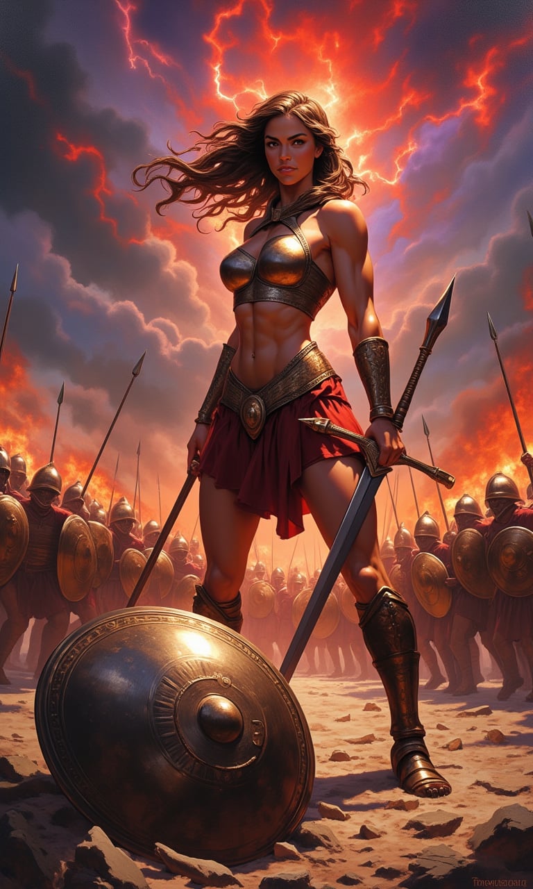 Oil painting in the dramatic style of Frank Frazetta. A super sexy warrior queen, reminiscent of a female Leonidas at Thermopylae, dominates the foreground. Her athletic figure is accentuated by minimalistic, battle-worn armor that reveals her toned physique.
The queen stands in a dynamic battle stance, muscles tensed, wielding a bloodied sword in one hand. Her long, wild hair whips in the wind, framing a face that combines fierce determination with alluring beauty. A broken spear lies at her feet, testament to the ferocity of the battle.
Behind her, a Greek phalanx pushes forward against an unseen enemy, their bronze shields and spears creating a sea of metal. The queen stands slightly apart, clearly the leader and focal point of the composition.
The sky is a tempest of angry reds and deep purples, with flashes of lightning illuminating the roiling clouds. In the distance, fires rage, sending plumes of smoke into the turbulent sky and casting an otherworldly glow across the battlefield.
A discarded shield lies in the foreground, its polished surface reflecting the chaotic sky and adding depth to the scene. The ground is littered with the detritus of battle: broken weapons, fallen helmets, and the occasional fallen warrior.
The overall palette is rich with warm tones - deep reds, burnished golds, and earthy browns - contrasting sharply with the cool blues and greys of steel and storm. The brushwork is bold and expressive, with particular attention paid to the play of light on skin and metal.
This painting captures a moment of high drama, blending historical epic with fantasy elements in true Frazetta style. The composition draws the eye to the warrior queen, making her the undeniable hero of this savage and sensual battle scene.