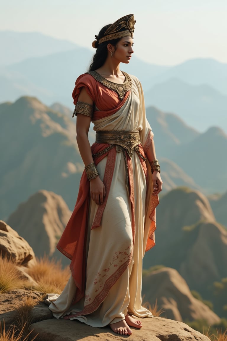 Create a high-quality image, extreme detail, intricate detail, depth of field, ultra definition, extreme realism, real life, realistic image, high-quality lighting, 16k UHD, Athena, the goddess of wisdom, in ancient greek dress,  standing on a hilltop.