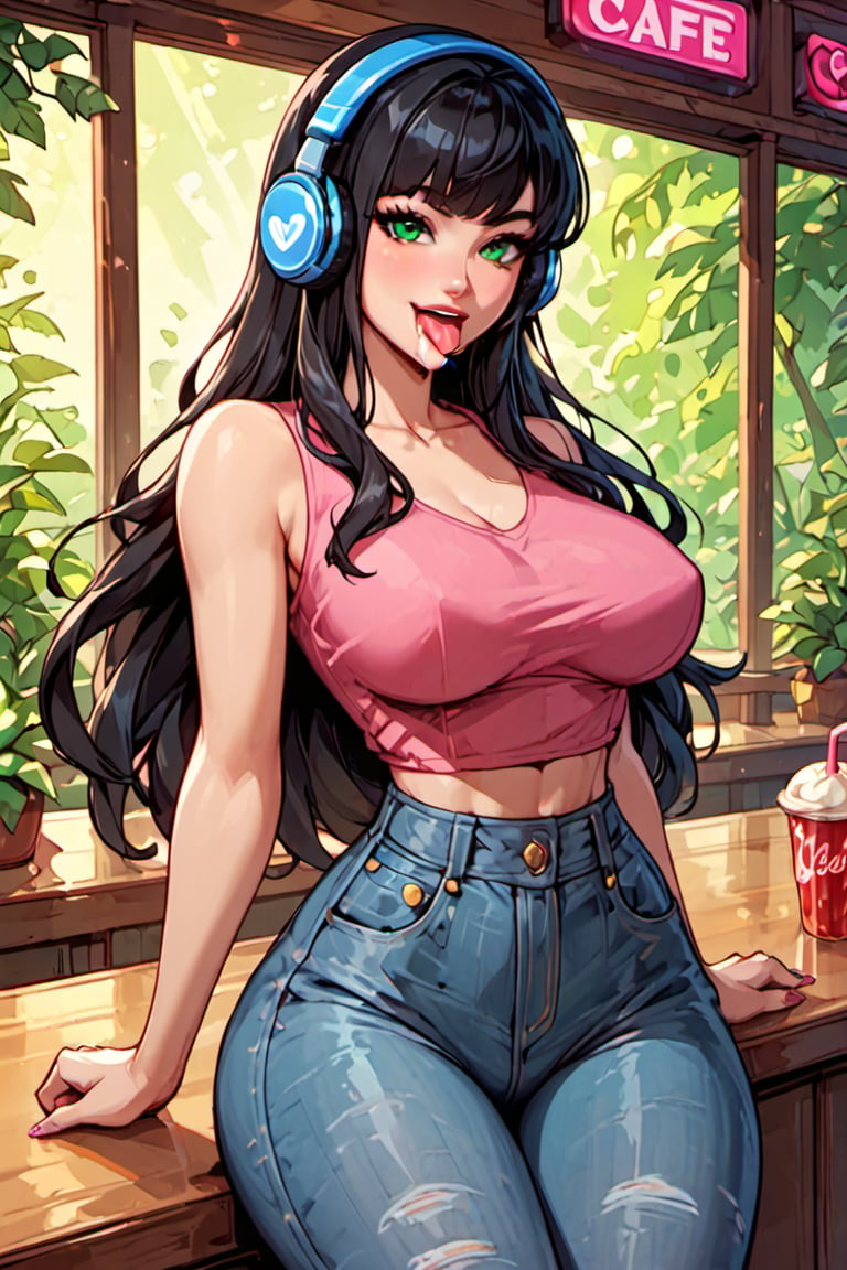 score_9, score_8_up, score_7_up,score_6_up, high resolution, BREAK 1girl, solo, jeans, pink sleeveless T-shirt, blue headphones, beautiful girl, long hair, straight hair, bangs, black hair, bright-green emerald eyes, long eyelashes, sticking_tongue_out, saliva, large hips, narrow waist, gaming cafe