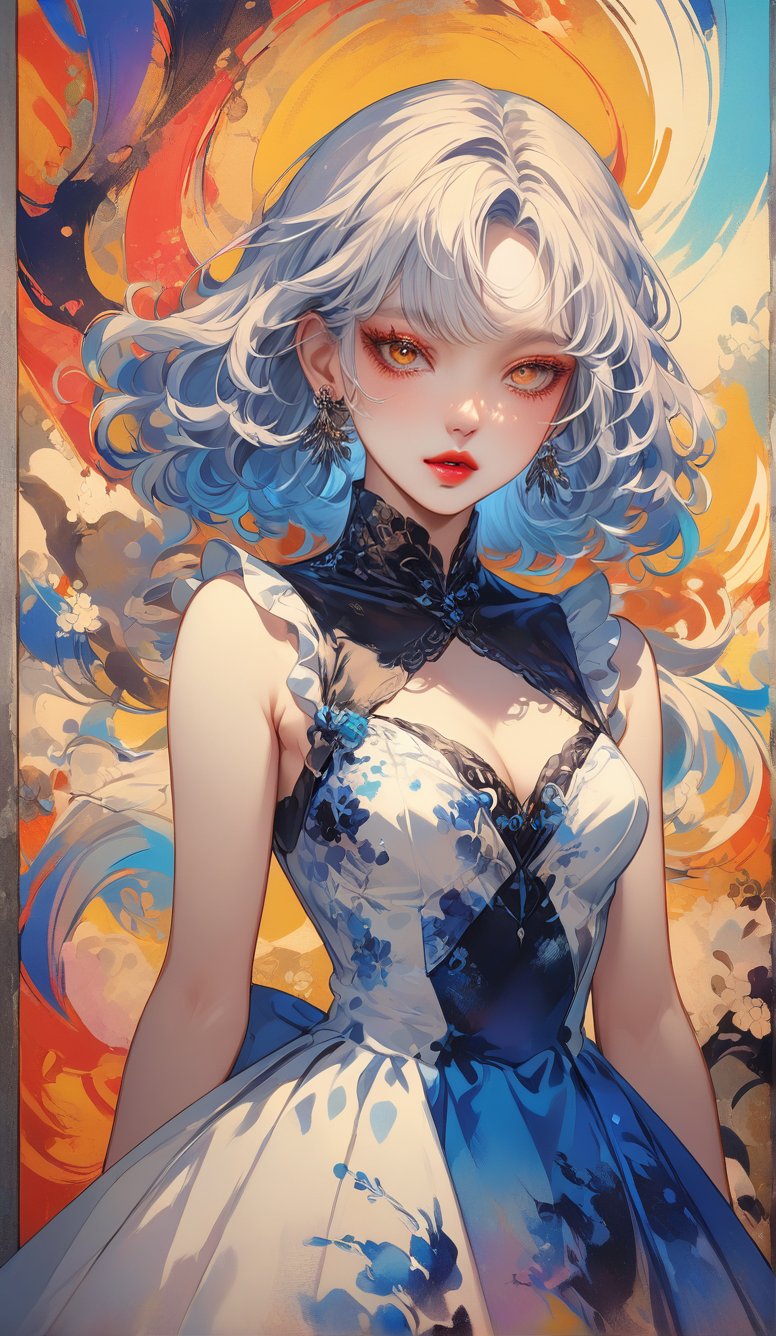 A very beautiful anime girl dressing an elegant dress, her dress is made by ink, looking at viewer, radiant gaze, (front view), upper body, close up, ink brushstrokes in background mastepiece quality, stunning image, colorful, Ink art style.