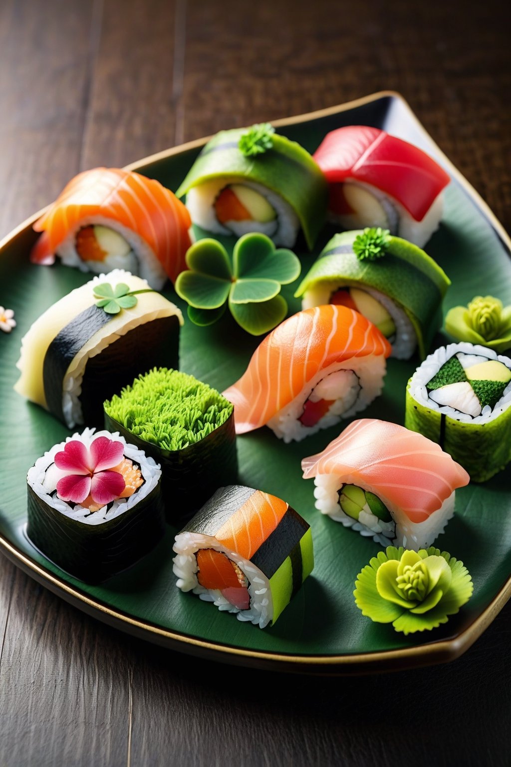 score_9, score_8_up, score_7_up, score_6_up, score_5_up, score_4_up, (Masterpiece, Best Quality:1.5), 
Advanced and gorgeous clover sushi cuisine and matcha,