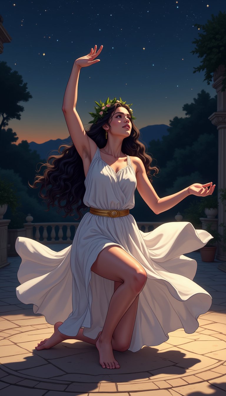 anime style, night light, buterfly glowing,Full body shot of a Greek woman dancing, Kneeling position, arms raised in offering, face upturned towards the sky, dress pooled around legs, white chiton dress flaring out in a perfect circle, one foot pointed, head tilted back, olive skin, long dark curly hair with gold ribbons, laurel wreath crown