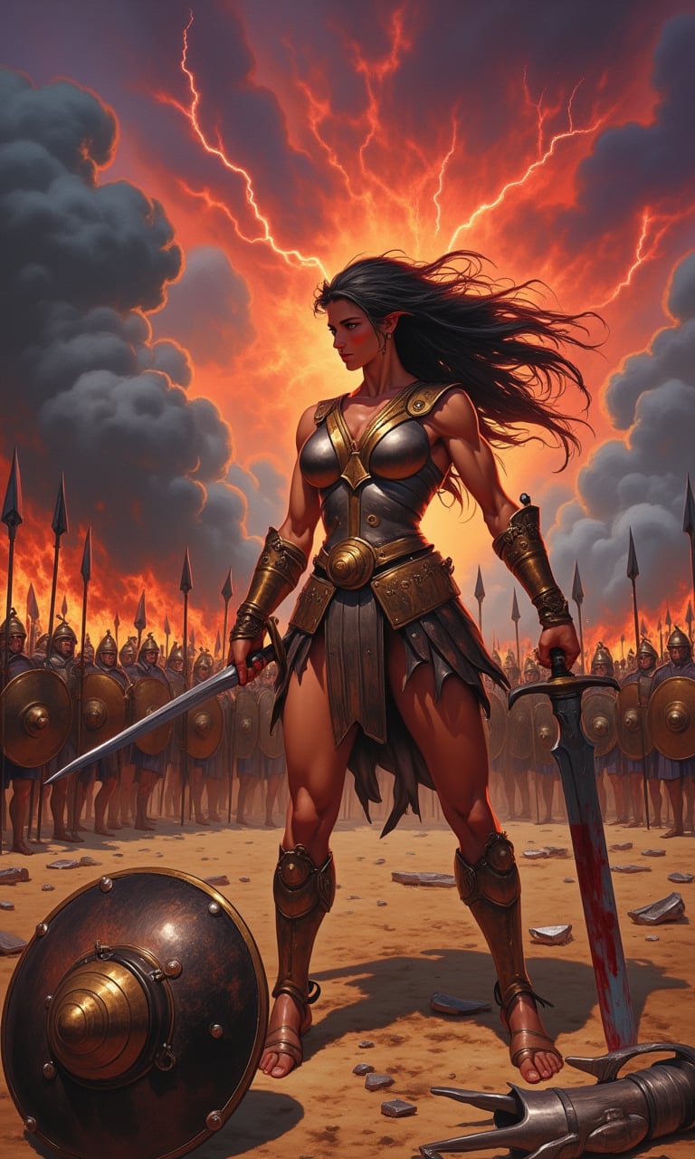 Oil painting in the dramatic style of Frank Frazetta. A super sexy warrior queen, reminiscent of a female Leonidas at Thermopylae, dominates the foreground. Her athletic figure is accentuated by minimalistic, battle-worn armor that reveals her toned physique.
The queen stands in a dynamic battle stance, muscles tensed, wielding a bloodied sword in one hand. Her long, wild hair whips in the wind, framing a face that combines fierce determination with alluring beauty. A broken spear lies at her feet, testament to the ferocity of the battle.
Behind her, a Greek phalanx pushes forward against an unseen enemy, their bronze shields and spears creating a sea of metal. The queen stands slightly apart, clearly the leader and focal point of the composition.
The sky is a tempest of angry reds and deep purples, with flashes of lightning illuminating the roiling clouds. In the distance, fires rage, sending plumes of smoke into the turbulent sky and casting an otherworldly glow across the battlefield.
A discarded shield lies in the foreground, its polished surface reflecting the chaotic sky and adding depth to the scene. The ground is littered with the detritus of battle: broken weapons, fallen helmets, and the occasional fallen warrior.
The overall palette is rich with warm tones - deep reds, burnished golds, and earthy browns - contrasting sharply with the cool blues and greys of steel and storm. The brushwork is bold and expressive, with particular attention paid to the play of light on skin and metal.
This painting captures a moment of high drama, blending historical epic with fantasy elements in true Frazetta style. The composition draws the eye to the warrior queen, making her the undeniable hero of this savage and sensual battle scene.