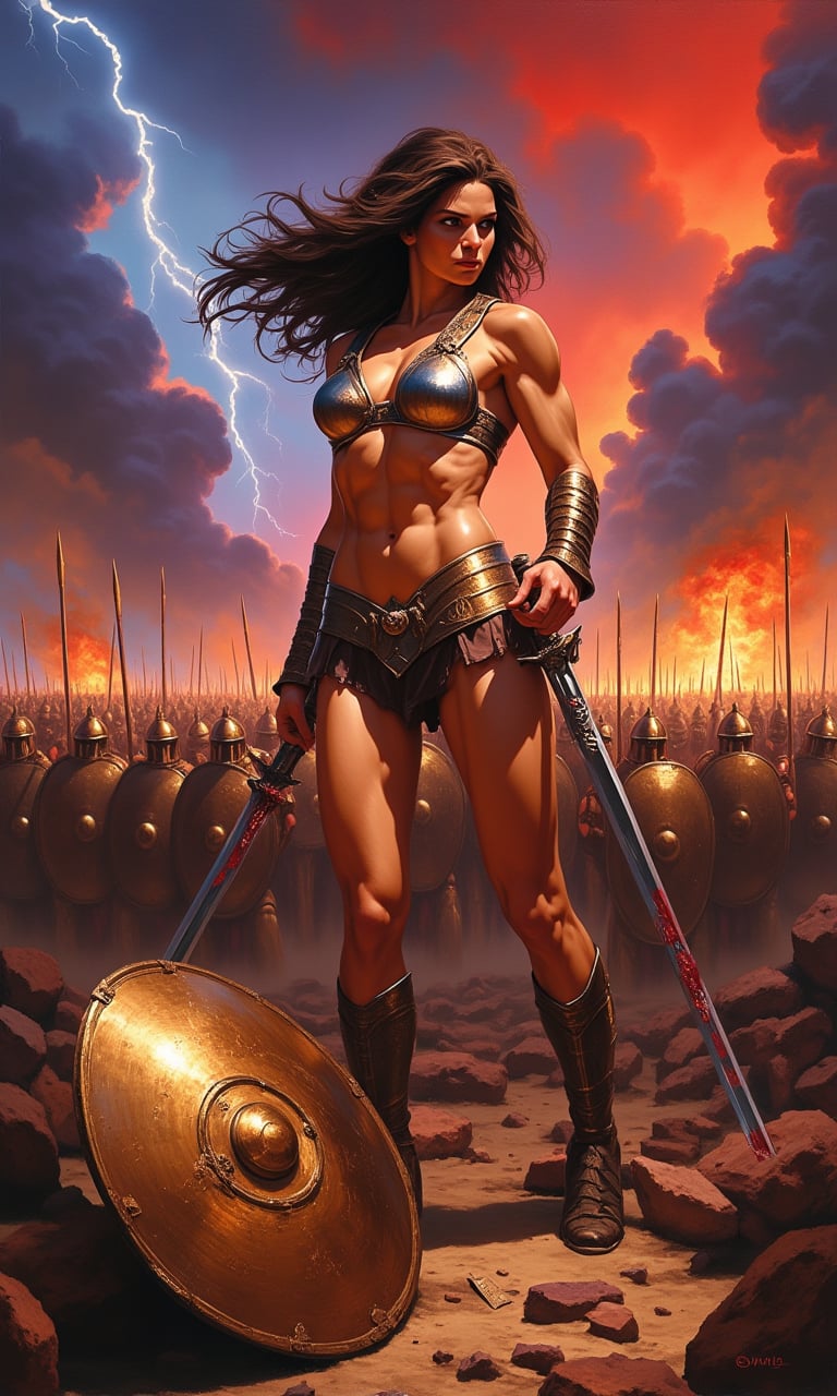 Oil painting in the dramatic style of Frank Frazetta. A super sexy warrior queen, reminiscent of a female Leonidas at Thermopylae, dominates the foreground. Her athletic figure is accentuated by minimalistic, battle-worn armor that reveals her toned physique.
The queen stands in a dynamic battle stance, muscles tensed, wielding a bloodied sword in one hand. Her long, wild hair whips in the wind, framing a face that combines fierce determination with alluring beauty. A broken spear lies at her feet, testament to the ferocity of the battle.
Behind her, a Greek phalanx pushes forward against an unseen enemy, their bronze shields and spears creating a sea of metal. The queen stands slightly apart, clearly the leader and focal point of the composition.
The sky is a tempest of angry reds and deep purples, with flashes of lightning illuminating the roiling clouds. In the distance, fires rage, sending plumes of smoke into the turbulent sky and casting an otherworldly glow across the battlefield.
A discarded shield lies in the foreground, its polished surface reflecting the chaotic sky and adding depth to the scene. The ground is littered with the detritus of battle: broken weapons, fallen helmets, and the occasional fallen warrior.
The overall palette is rich with warm tones - deep reds, burnished golds, and earthy browns - contrasting sharply with the cool blues and greys of steel and storm. The brushwork is bold and expressive, with particular attention paid to the play of light on skin and metal.
This painting captures a moment of high drama, blending historical epic with fantasy elements in true Frazetta style. The composition draws the eye to the warrior queen, making her the undeniable hero of this savage and sensual battle scene.