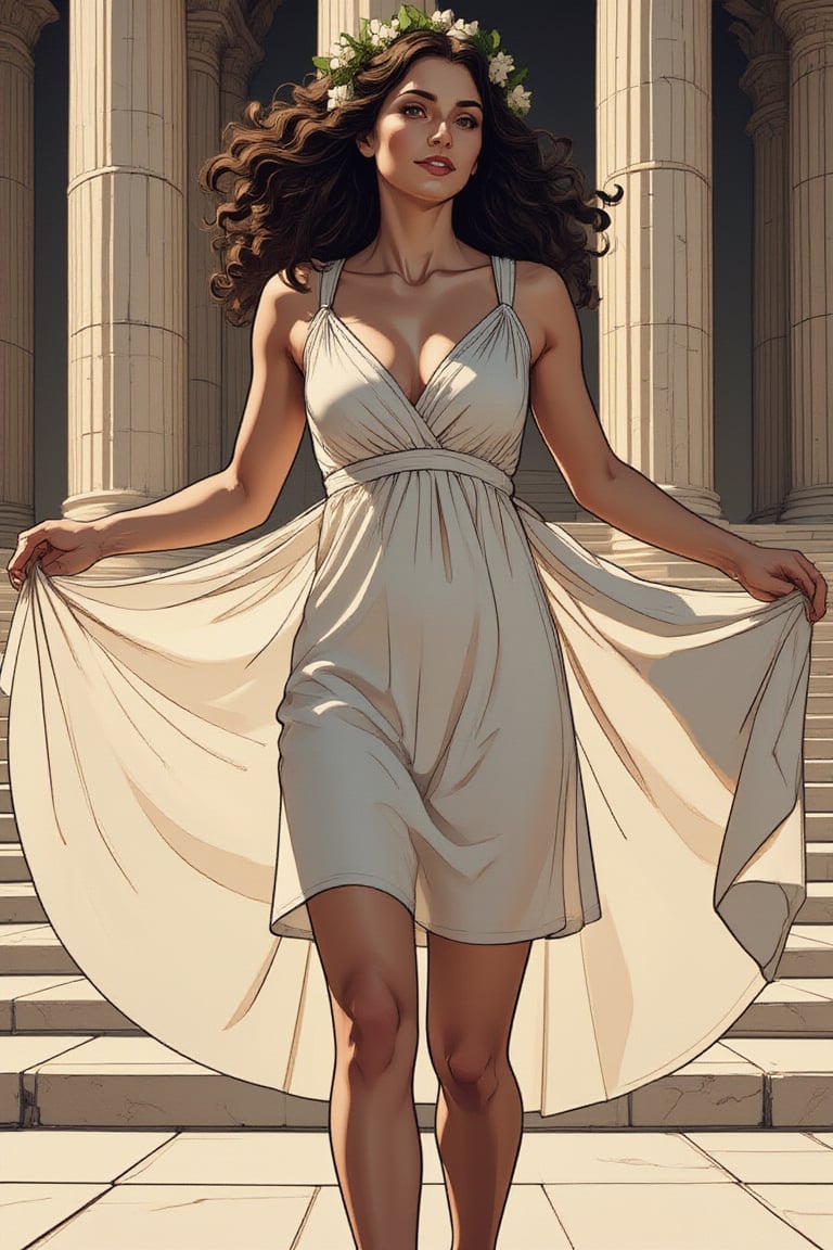 Full body shot of a Greek woman dancing, gracefully twirling, arms outstretched, white chiton dress flaring out in a perfect circle, one foot pointed, head tilted back, olive skin, long dark curly hair with gold ribbons, laurel wreath crown, ancient Greek temple background, marble columns, soft golden hour lighting, photorealistic, high detail, 8k resolution