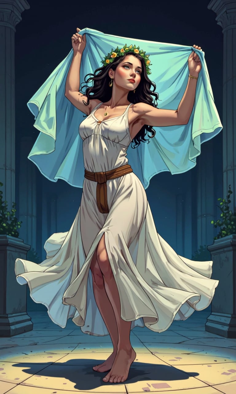 anime style, night light, buterfly glowing,Full body shot of a Greek woman dancing, Holding a sheer veil, arms creating a crescent shape above head, body curved to one side, veil floating on the breeze, dress pooled around legs, white chiton dress flaring out in a perfect circle, one foot pointed, head tilted back, olive skin, long dark curly hair with gold ribbons, laurel wreath crown