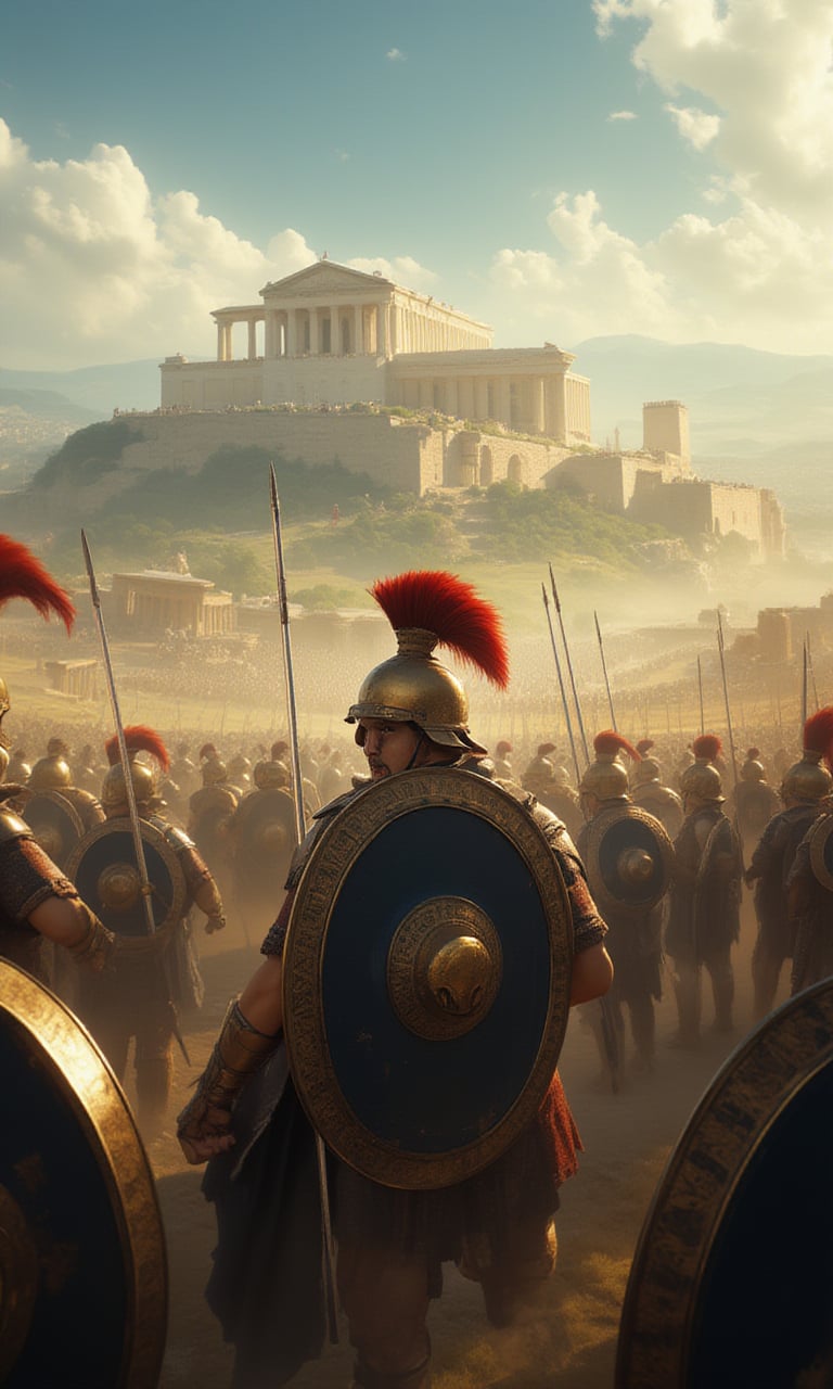 Here's an expanded description of the ancient Greek war scene in English, incorporating additional details:

Imagine a pivotal battle in the Greco-Persian Wars of the 5th century BC, where an Athenian-led coalition of Greek city-states clashed with the mighty Persian Empire. The stage is set on a sun-drenched plain, with scattered small hills and a thin layer of mist hanging low over the landscape.
In this epic confrontation, the Greek phalanx formation stands as an impenetrable wall against the charging Persian cavalry. Each Athenian hoplite (infantryman) is armed to the teeth with gleaming bronze armor, sporting distinctive Corinthian helmets adorned with red horsehair plumes. Their long pikes (doru), measuring approximately 8 feet in length, stand vertically at attention, ready to unleash a deadly hail of thrusts.

The phalanx formation is densely packed and impenetrable, with shields overlapping like the scales of a mythical dragon. These shields bear the emblem of their city-state: a proud golden owl against a deep blue background – an enduring symbol of Athenian wisdom and martial prowess.

As the enemy cavalry approaches, the faces of the Greek warriors set in determined expressions, bracing for impact. The air is heavy with tension, thickening the already misty atmosphere. In the foreground, one hoplite stands at the forefront of this unyielding line, his eyes fixed intently on the approaching horde as he grips his shield and pike with battle-hardened hands.

The backdrop of the Athenian Acropolis rises majestically in the distance, its marble structures glistening in the sunlight like beacons of civilization. This ancient citadel stands as a testament to Greek ingenuity and culture, starkly contrasting with the brutal reality of war unfolding on the plains below.

As the Persian cavalry charges forward with thundering hooves and cries of "For the King!", the very earth seems to tremble beneath their feet. The clash of steel against bronze resounds through the misty air, accompanied by the eerie screams of horses and men alike.

This pivotal moment in history captures the essence of ancient warfare – a dance of death between heavily armored infantry and lightning-fast cavalry, with the fate of empires hanging precariously in the balance. The phalanx formation, once considered impenetrable, is about to face its ultimate test against the sheer might of the Persian Empire.

The outcome hangs uncertain, leaving us wondering if this will be a day etched into history as a glorious Greek victory or a crushing defeat at the hands of their Eastern foes. Will the discipline and strategy of the phalanx prove enough to withstand the waves of Persian horsemen, or will the numerical superiority of the enemy break through this seemingly impenetrable line? The battle rages on, with every moment holding the potential to reshape the course of ancient history.

This vivid scene brings to life the intensity and drama of warfare in ancient Greece, showcasing both the technological prowess and human resilience that characterized these epic conflicts. As we gaze upon this frozen moment in time, we're reminded of the enduring legacy left by these ancient warriors – a testament to courage, strategy, and the unyielding spirit of a people determined to defend their city-states against all odds.