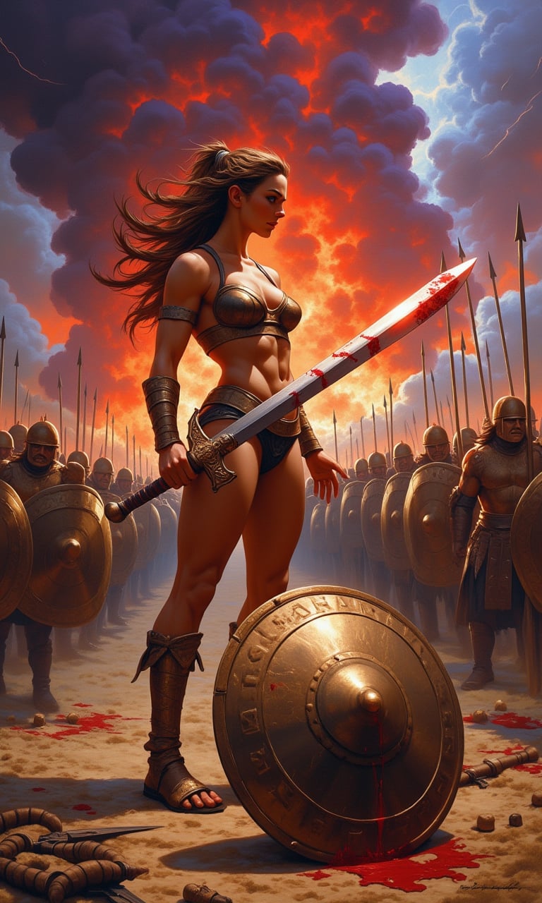 Oil painting in the dramatic style of Frank Frazetta. A super sexy warrior queen, reminiscent of a female Leonidas at Thermopylae, dominates the foreground. Her athletic figure is accentuated by minimalistic, battle-worn armor that reveals her toned physique.
The queen stands in a dynamic battle stance, muscles tensed, wielding a bloodied sword in one hand. Her long, wild hair whips in the wind, framing a face that combines fierce determination with alluring beauty. A broken spear lies at her feet, testament to the ferocity of the battle.
Behind her, a Greek phalanx pushes forward against an unseen enemy, their bronze shields and spears creating a sea of metal. The queen stands slightly apart, clearly the leader and focal point of the composition.
The sky is a tempest of angry reds and deep purples, with flashes of lightning illuminating the roiling clouds. In the distance, fires rage, sending plumes of smoke into the turbulent sky and casting an otherworldly glow across the battlefield.
A discarded shield lies in the foreground, its polished surface reflecting the chaotic sky and adding depth to the scene. The ground is littered with the detritus of battle: broken weapons, fallen helmets, and the occasional fallen warrior.
The overall palette is rich with warm tones - deep reds, burnished golds, and earthy browns - contrasting sharply with the cool blues and greys of steel and storm. The brushwork is bold and expressive, with particular attention paid to the play of light on skin and metal.
This painting captures a moment of high drama, blending historical epic with fantasy elements in true Frazetta style. The composition draws the eye to the warrior queen, making her the undeniable hero of this savage and sensual battle scene.