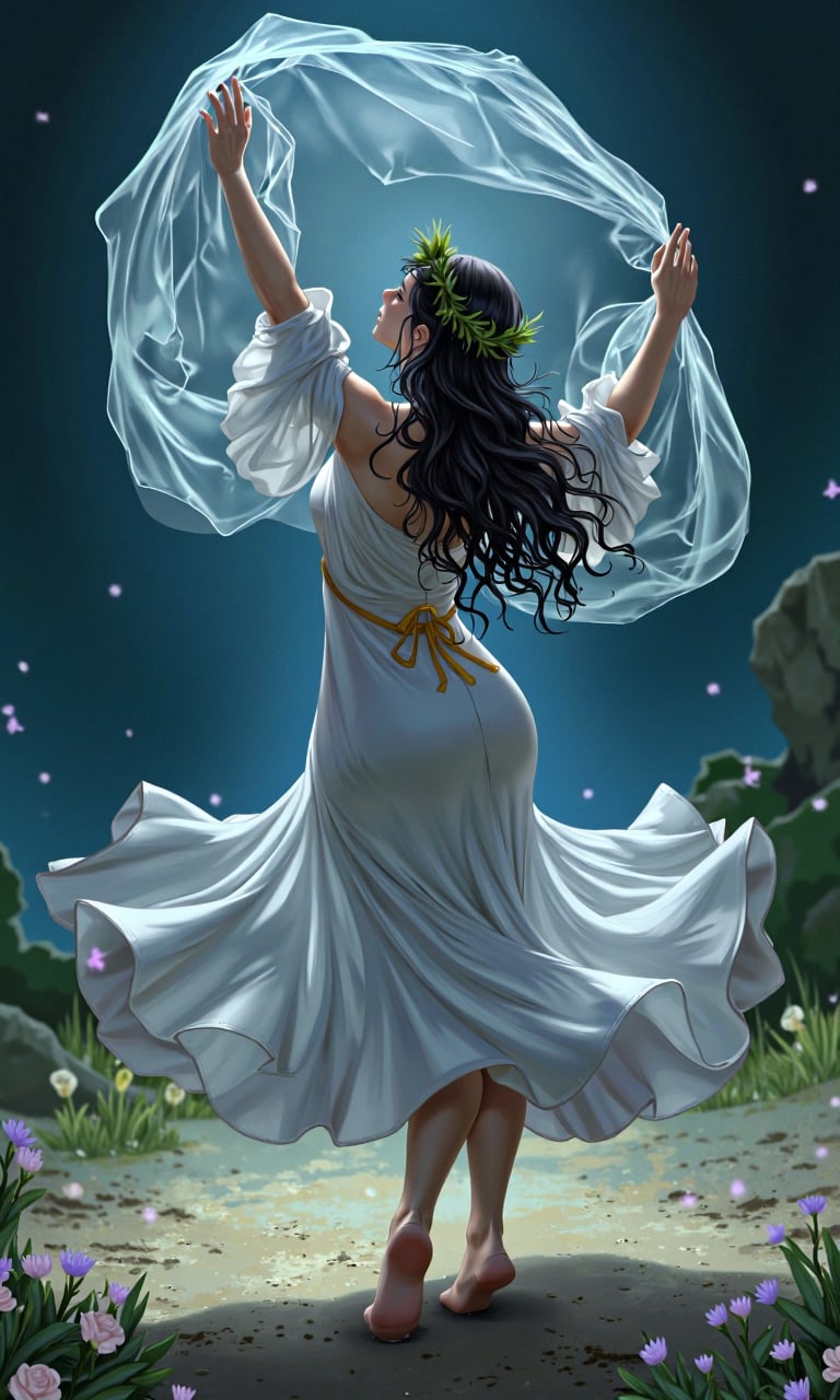 anime style, night light, buterfly glowing,Full body shot of a Greek woman dancing, Holding a sheer veil, arms creating a crescent shape above head, body curved to one side, veil floating on the breeze, dress pooled around legs, white chiton dress flaring out in a perfect circle, one foot pointed, head tilted back, olive skin, long dark curly hair with gold ribbons, laurel wreath crown