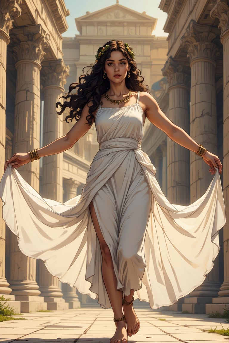 Full body shot of a Greek woman dancing, Gracefully twirling, arms outstretched, chiton dress flaring out in a perfect circle, one foot pointed, head tilted back, white chiton dress flaring out in a perfect circle, one foot pointed, head tilted back, olive skin, long dark curly hair with gold ribbons, laurel wreath crown, ancient Greek temple background, marble columns, soft golden hour lighting, photorealistic, high detail, 8k resolution