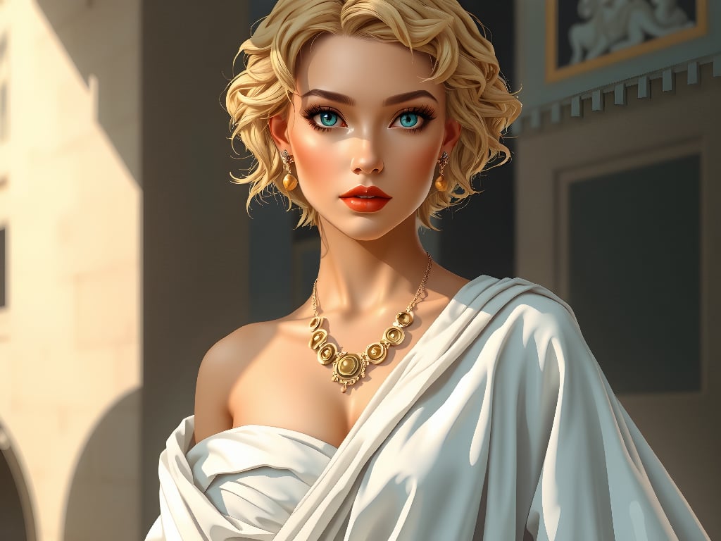 (Portrait of a beautiful woman wearing white ancient greek dress), (short blonde curly-hair:1.2), green eyes, perfect anatomy, perfect face, looks at the camera, golden earings, golden necklace, hyper-detailed, intricately detailed, perfect lighting, (complex-background, greek mythology), ancient greece theme, volumetric, vibrant, sunlight, sexy pose, full body