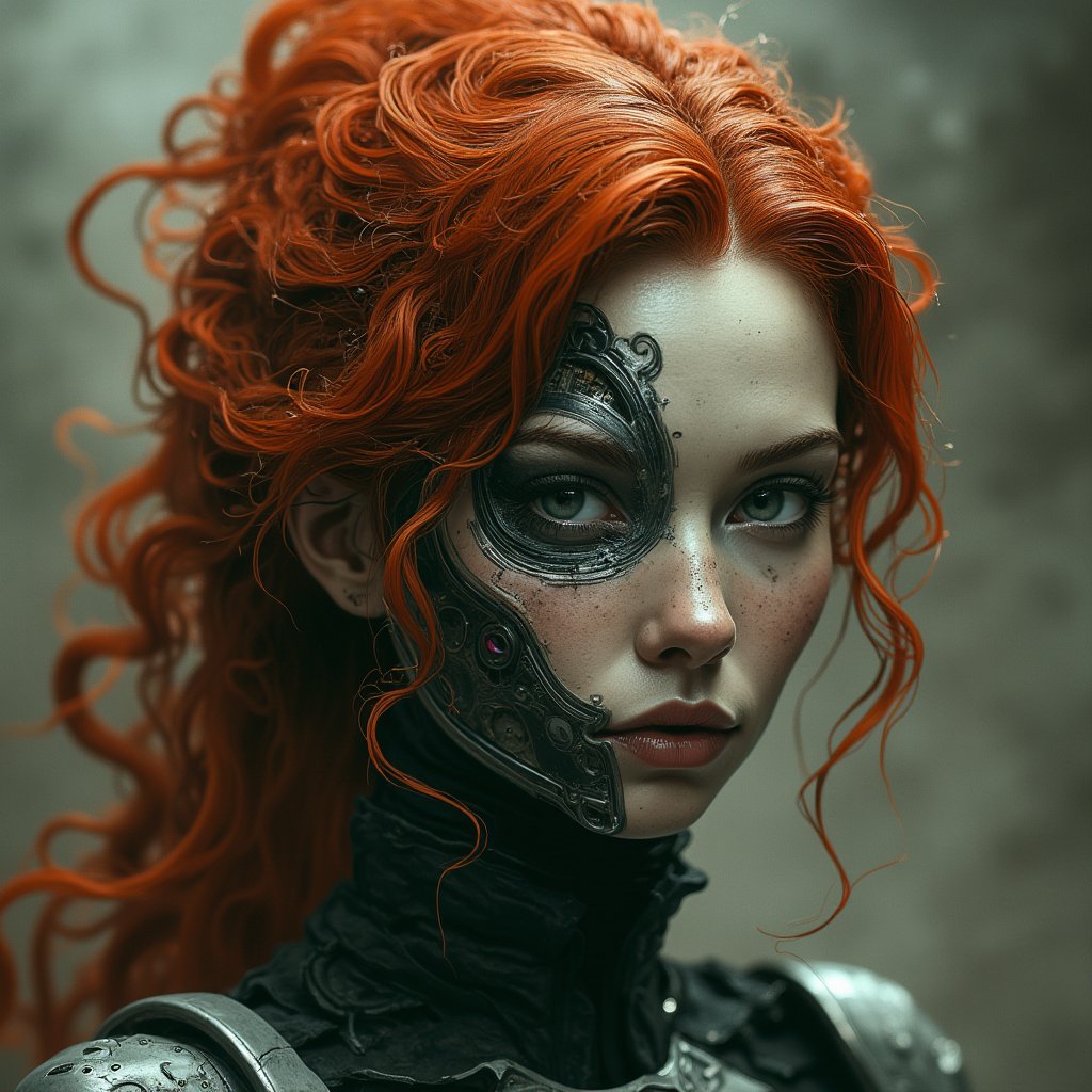 Portrait photo of redhead female space captain divided in half, one side showcasing fair white skin while the other shows the electronic components of an android. The 4K resolution invites scrutiny of every detail. The photorealistic style creates an immersive experience, drawing viewers into a world of contrasts. The pensive mood invites reflection on identity, diversity, and being seen as woman and machine. Atmospheric lighting adds depth and dimensionality to the subject.