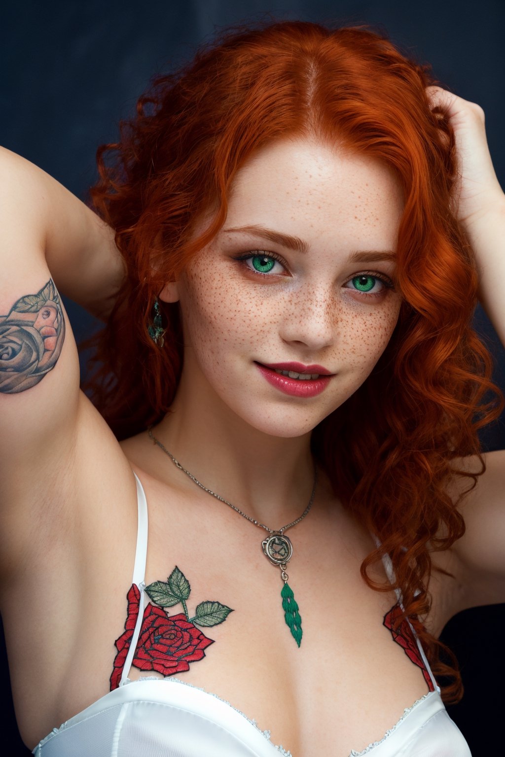absurd, RAW photo, highest quality, (masterpiece: 1.3), high detail RAW color photo, professional photo, extremely detailed 8k CG wallpaper unit, photo-realistic, realistic, RAW photo, masterpiece , best quality, highres, illustration, 1girl, 16 YEARS OLD, short, tiny girl, skinny, white, redhead, red hair, red hair with curls, wavy hair, curly hair, Average length, tied up hair, slender legs, perfect beautiful face with freckles, cardune lips, beautiful realistic eyes, green right eye, blue left eye, heterochromia, pale skin, detailed skin texture, flat breasts, very small, small ass. Red roses tattooed on the shoulders, tattoos of pagan symbols on the forearms and hands. Slim, slender body. Red-haired. Smile. Witch style. Pagan style, Celtic, Wiccan. Scottish. She looks amazing. (Blue medieval dress with embroidery, white corset with embroidery, necklace with pentagram pendant, detailed design), home, night.