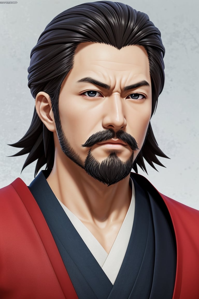 (High quality, masterpiece, Japanese anime, two-dimensional, beautiful eyes, extremely detailed background, 8k wallpaper, extremely detailed face) Uncle, slightly chubby body, strong muscles, beard, hopeful eyes, bright eyes, blue eyes, mature and steady, sophisticated, white short sleeves, Onmyoji portrait, Miyamoto Musashi, detailed anime character art, background for pavilion