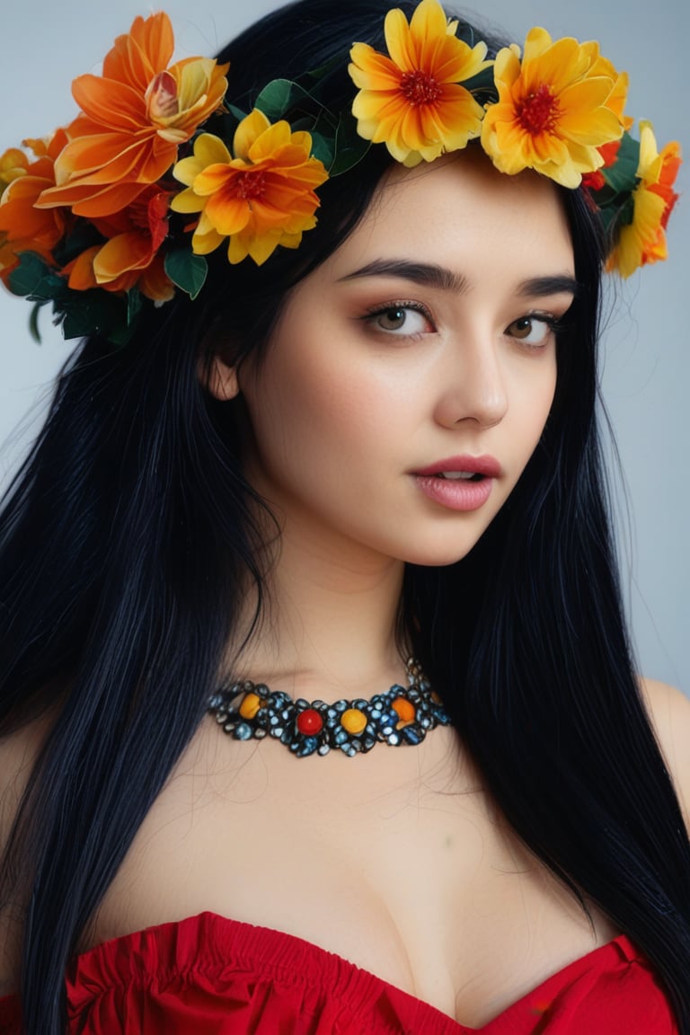 A woman is wearing a necklace and a red dress. There are flowers on her head. The flowers are orange and yellow. The woman has long black hair.
