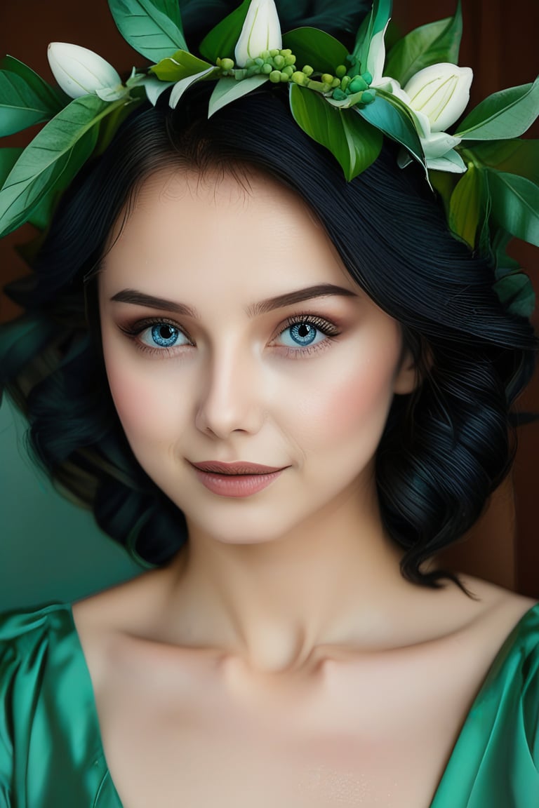 A woman is wearing a green dress. There is a flower crown on top of her head. There are leaves on the crown. The woman has dark hair and blue eyes.
