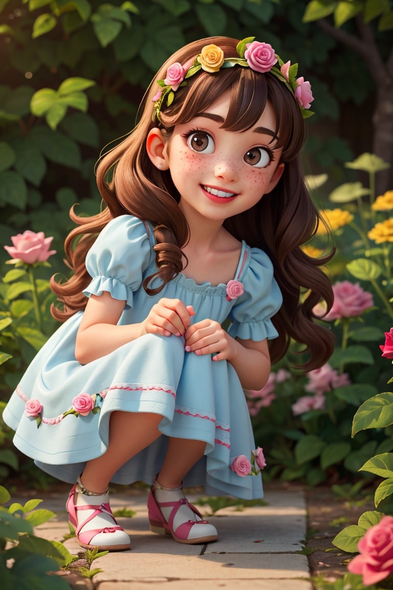 Girl, ten years old, long hair, curly hair, brown hair, brown eyes, full body, child, pink princess dress, rose crown with leaves, perfect curly curls, rosy cheeks, dress with lots of ruffles and ribbons, short legs , cute, fluffy princess, dress with puff sleeves, lots of small flowers in the hair, light blue dress, freckles on the face, sparkle in the eyes, super realistic, smile with teeth showing, red lips, full lips

