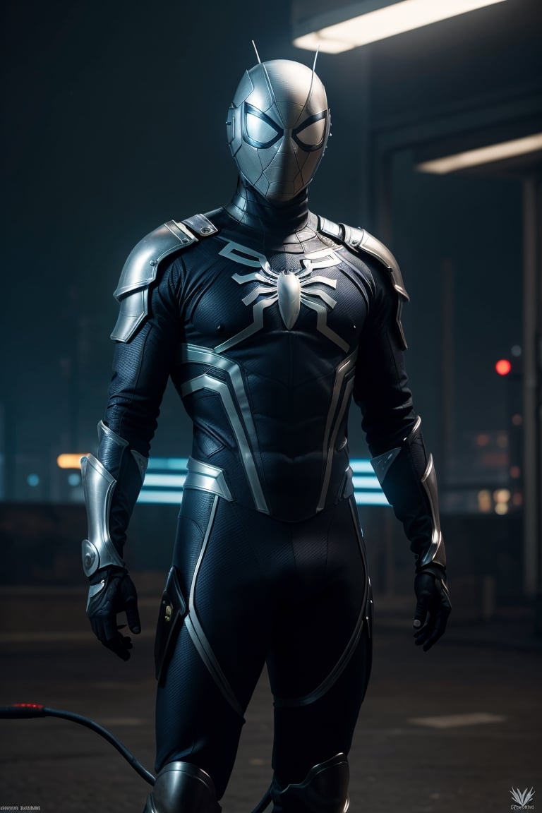 a super high-detailed and realistic image of a cyberpunk-style knight in a silver-blue Spider-Man-inspired body armor with a glowing lightning charge: "Generate an extraordinary and highly detailed image of a cyberpunk-style knight donning a state-of-the-art silver-blue body armor that draws inspiration from Spider-Man, yet takes it to a new level of high-tech brilliance. This knightly body armor emits a mesmerizing glow, with lightning charges coursing through its surface, showcasing its incredible technological sophistication. The knight's powerful physique is accentuated by the hi-tech armor, and his body suit incorporates an array of advanced tools and gadgets, all seamlessly integrated. He wears a Hi-Tech helmet, both concealing his identity and offering crucial data through its heads-up display. In this stunning image, the knight is adorned in the full glory of his Hi-Tech lightning charge magical armor, a perfect blend of technology and mystic power. The background should portra

