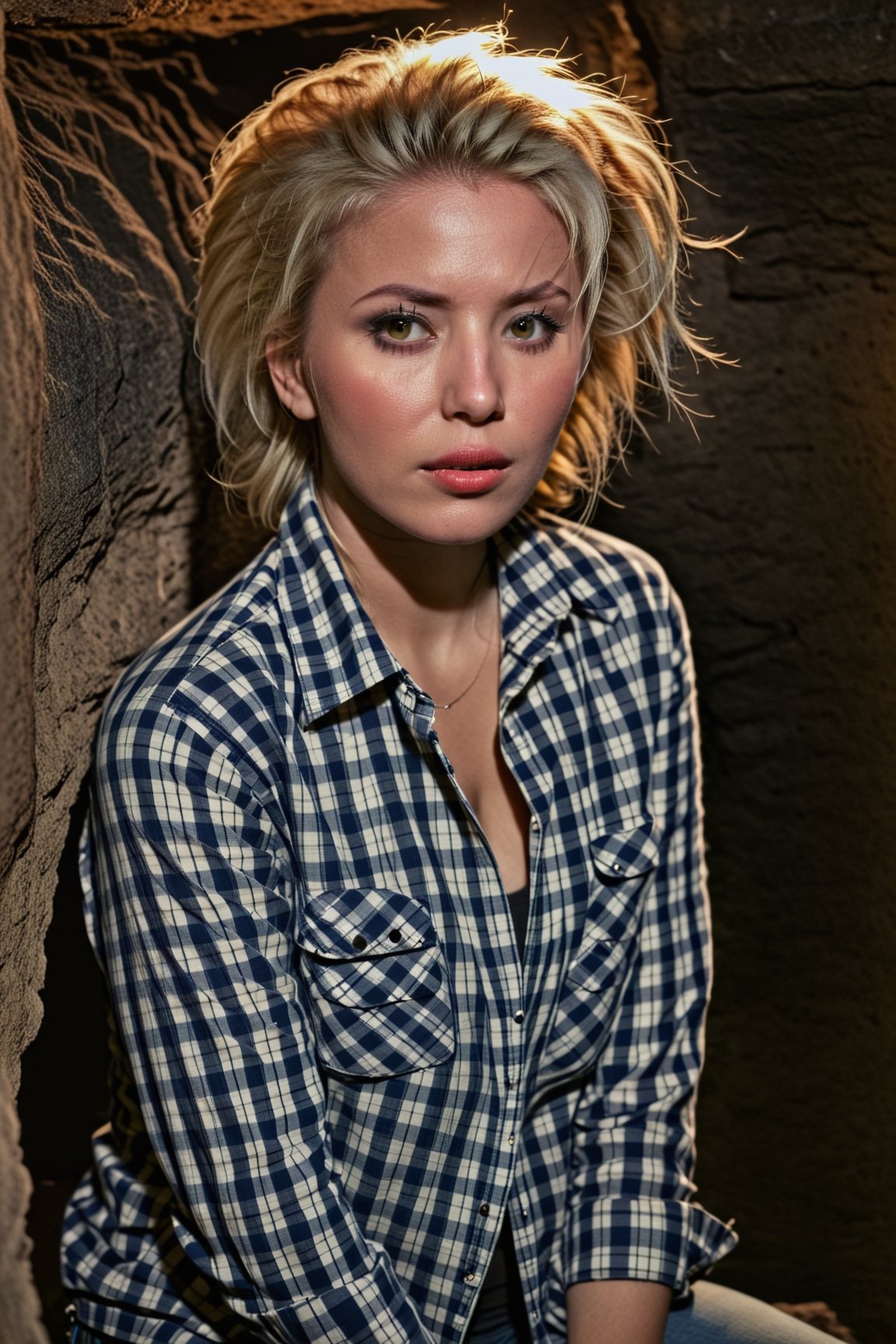 photograph of a woman, (troubled facial expression), textured skin, goosebumps, blonde afro hair, plaid flannel shirt with distressed boyfriend jeans, cowboy shot, dark and mysterious cave with unique rock formations and hidden wonders, perfect eyes, (candlelight,chiaroscuro), Porta 160 color, shot on ARRI ALEXA 65, bokeh, sharp focus on subject, shot by Don McCullin
