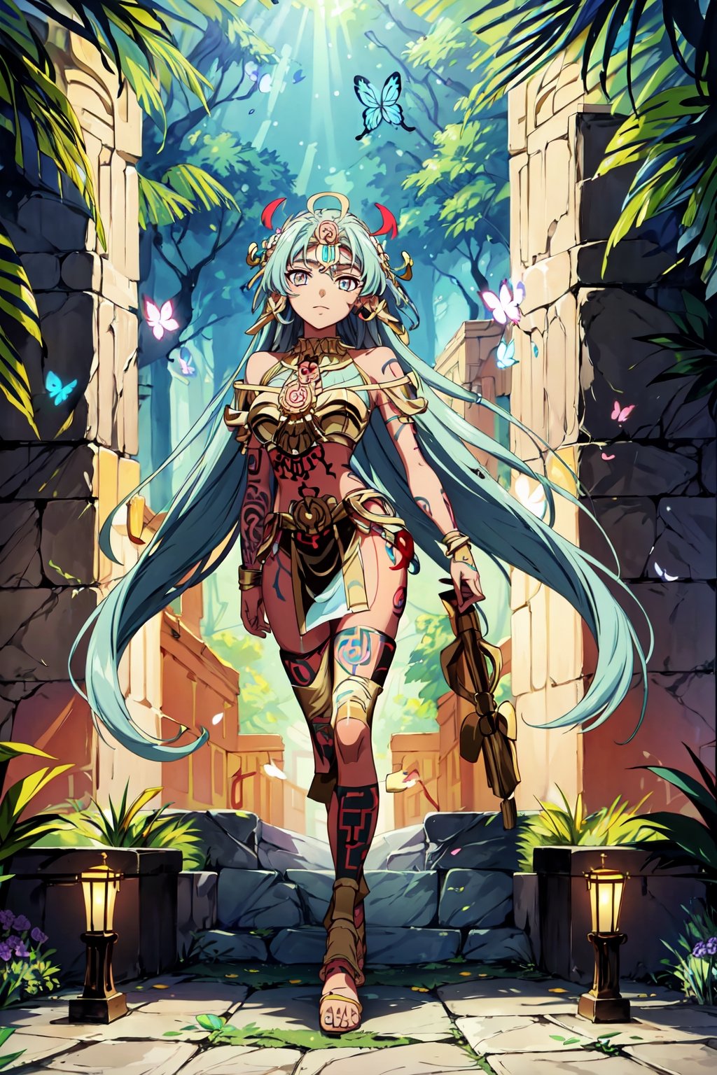 Anime, golden armor, xxseiyapegasusxx, dark skin, full body illustration of an alluring and youthful woman, the ever young and pretty aztec goddess of love and pleasure, naked, tattooed leg, long hair, Light Blue hair, flower garden, floating butterflies, daylight