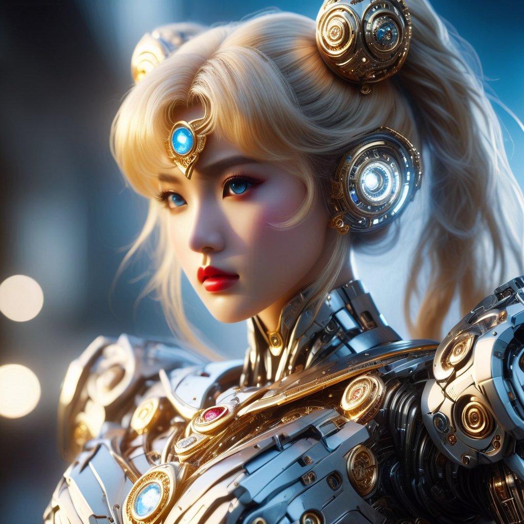 Sailor Moon wears moon-shaped diamond jewelry.,bokeh,show mecha diamond ring,mecha suit,japan face,(dynamic pose, dynamic angle:1.2), (realistic, photorealistic:1.2),Beautiful face, Highly detailed face, Highly detailed skin, Highly detailed eyes, hair follicles